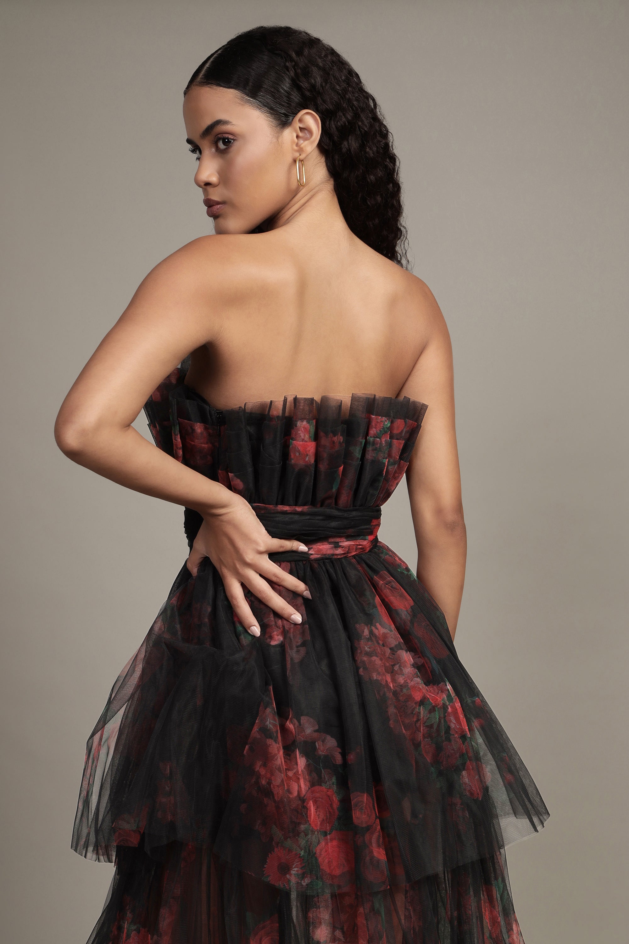 Natalia Tulle Maxi Dress in Black and Red Floral