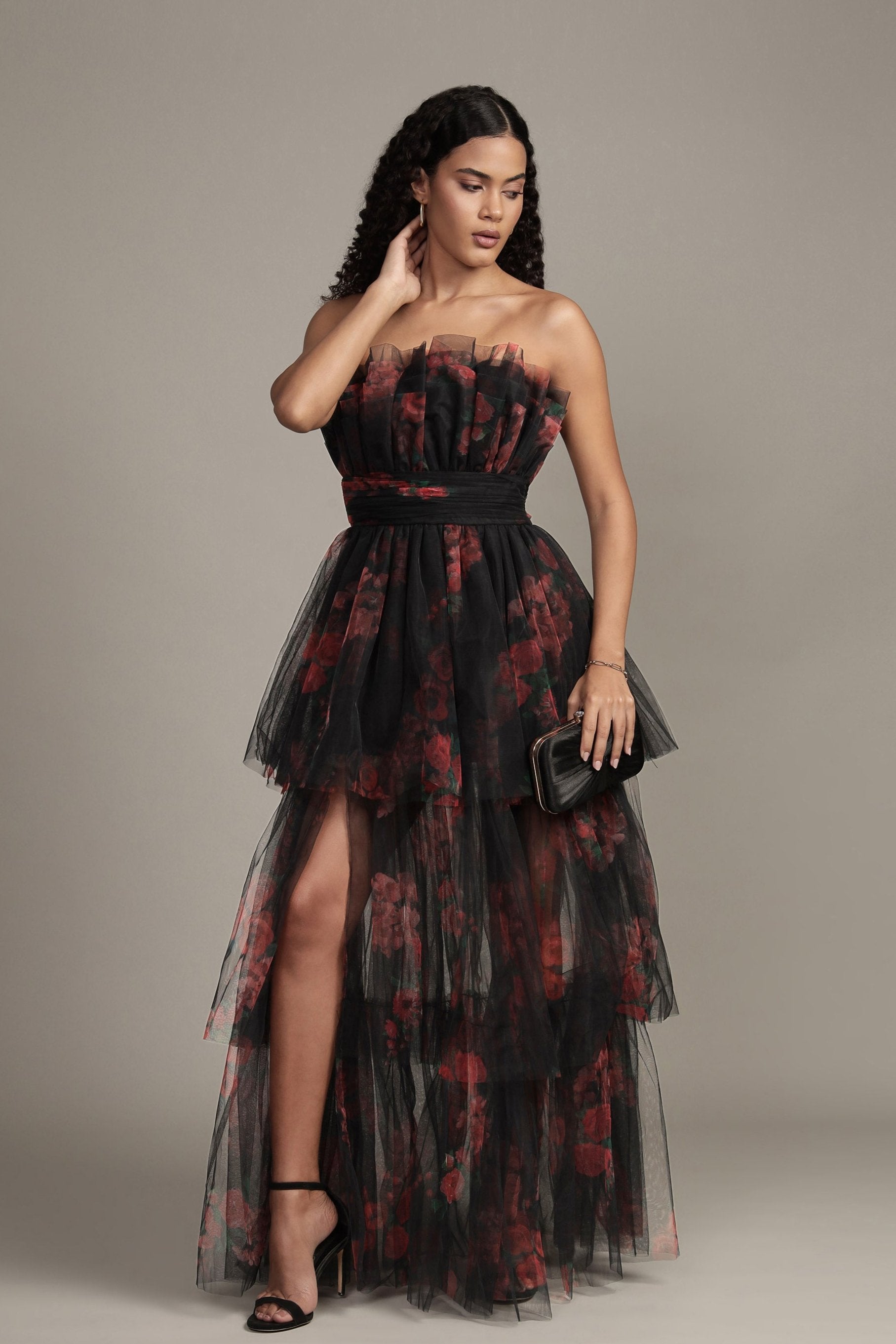 Natalia Tulle Maxi Dress in Black and Red Floral
