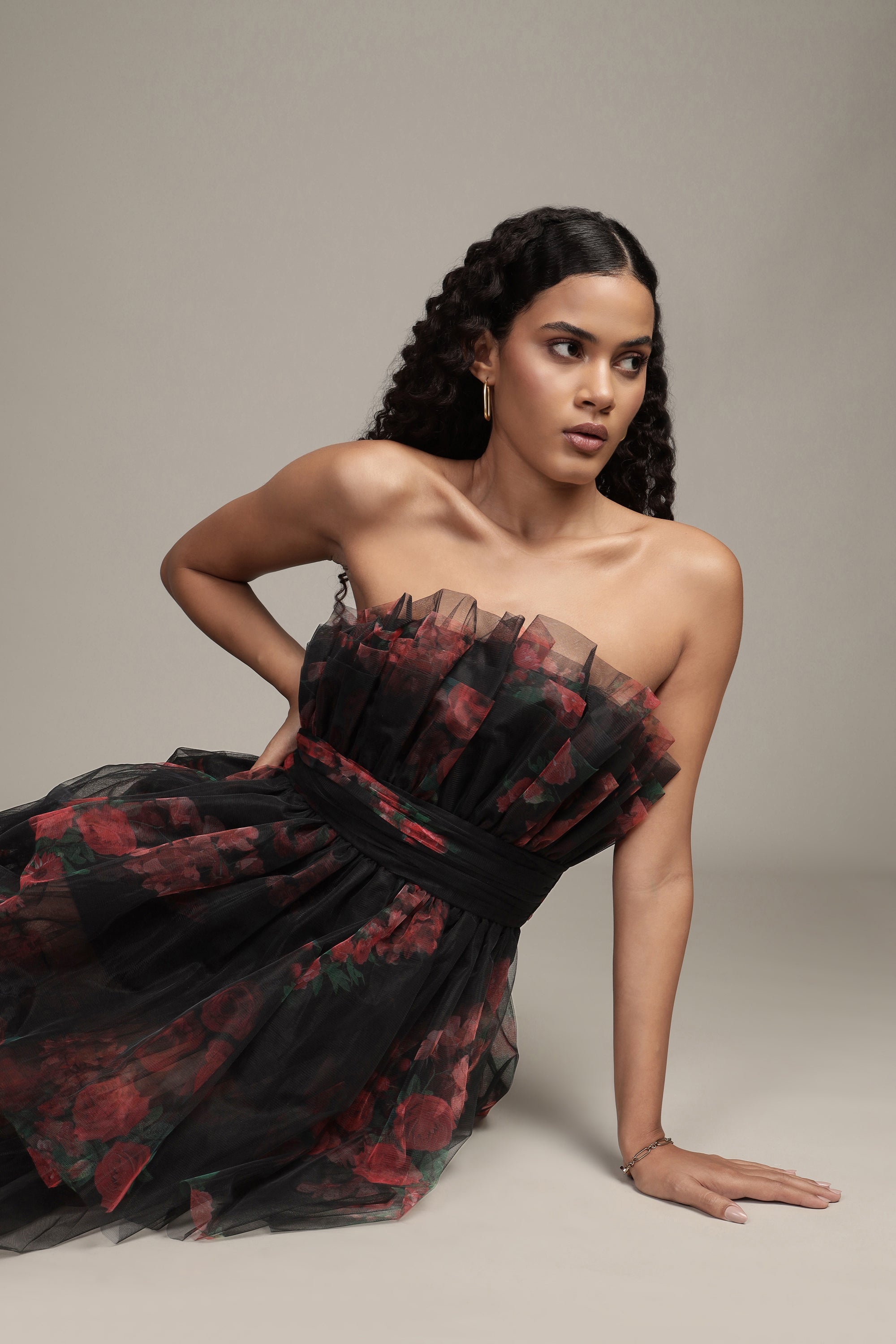 Natalia Tulle Maxi Dress in Black and Red Floral