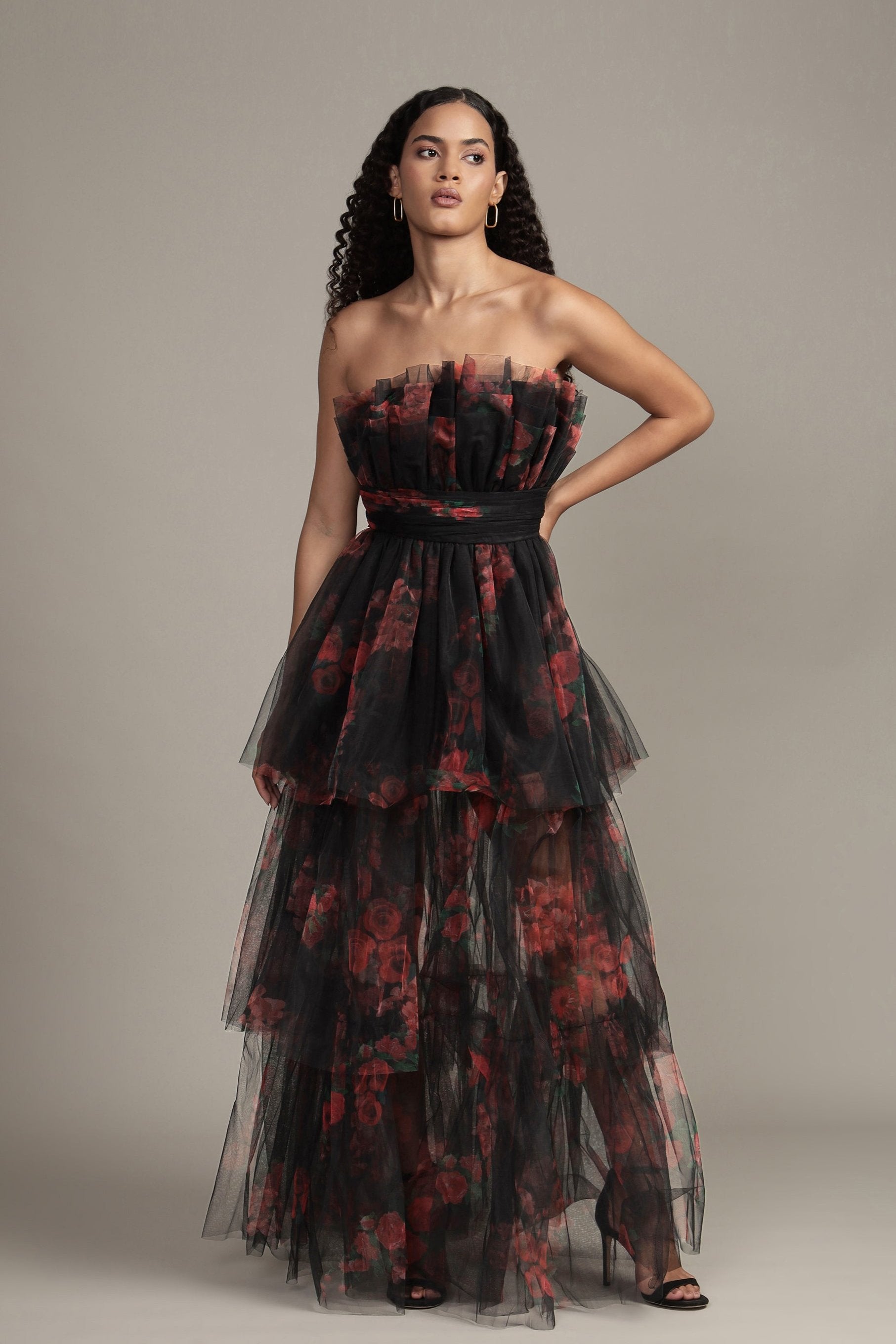 Strapless tulle red black floral maxi dress tiered-skirt