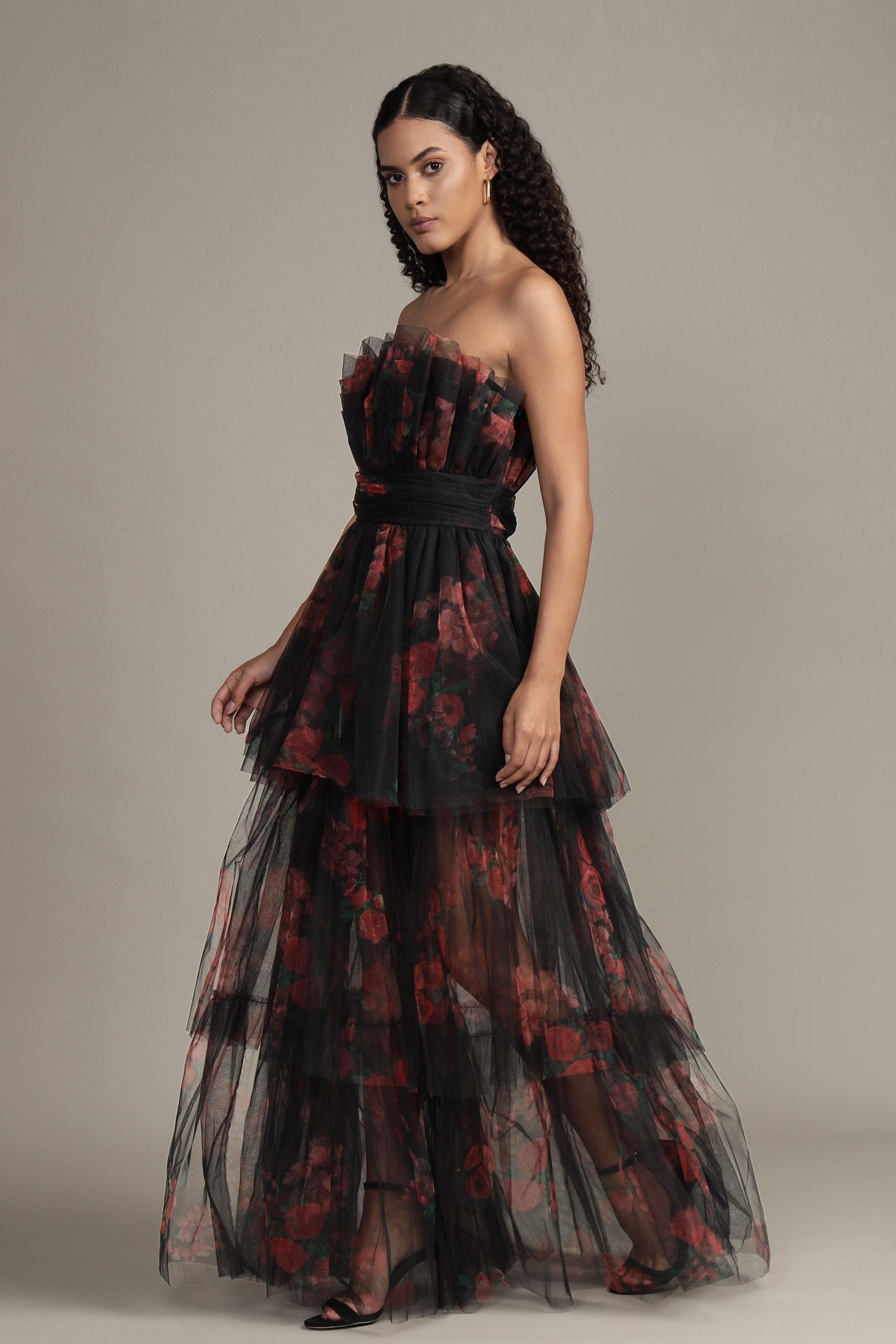 Natalia Tulle Maxi Dress in Black and Red Floral