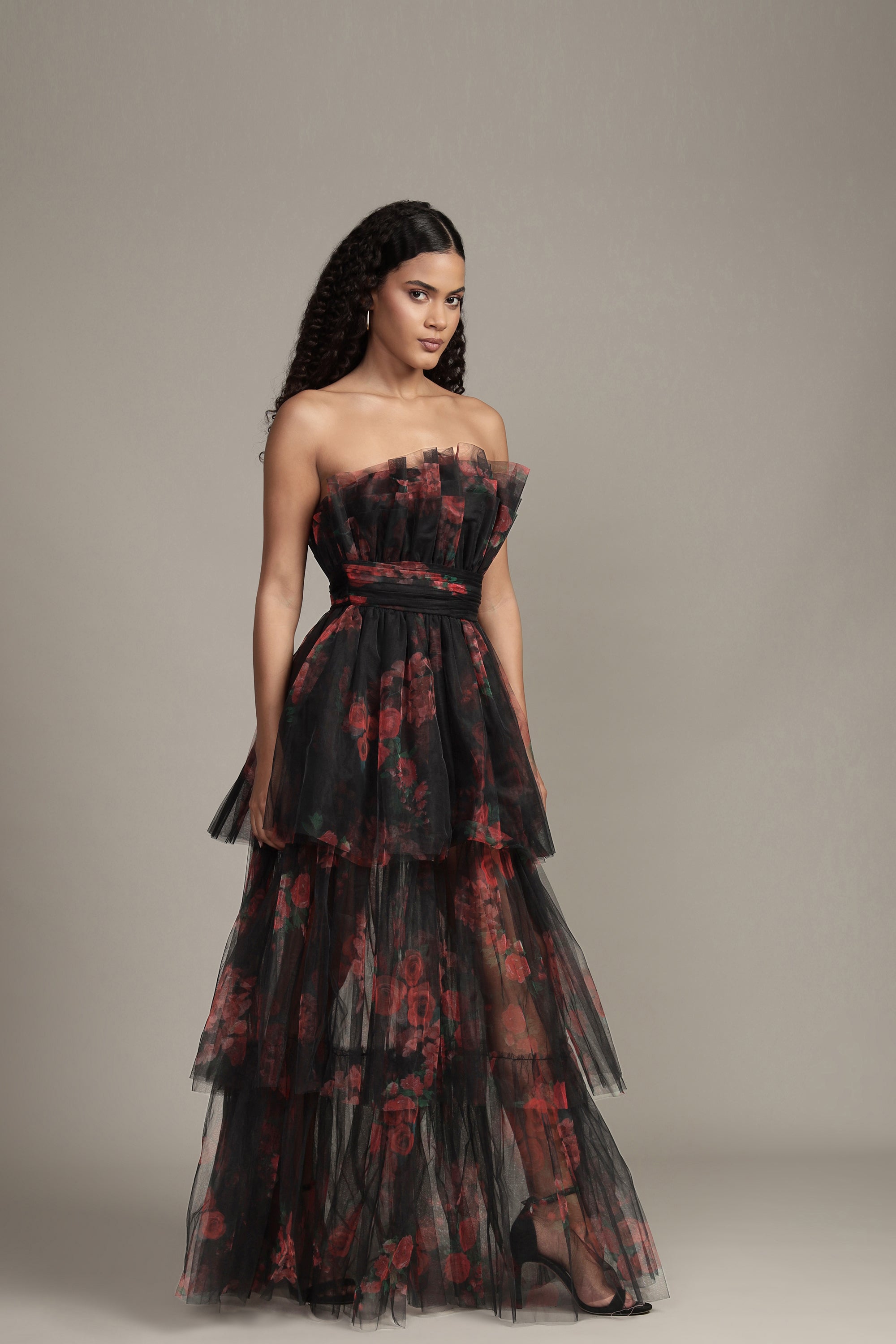 Natalia Tulle Maxi Dress in Black and Red Floral