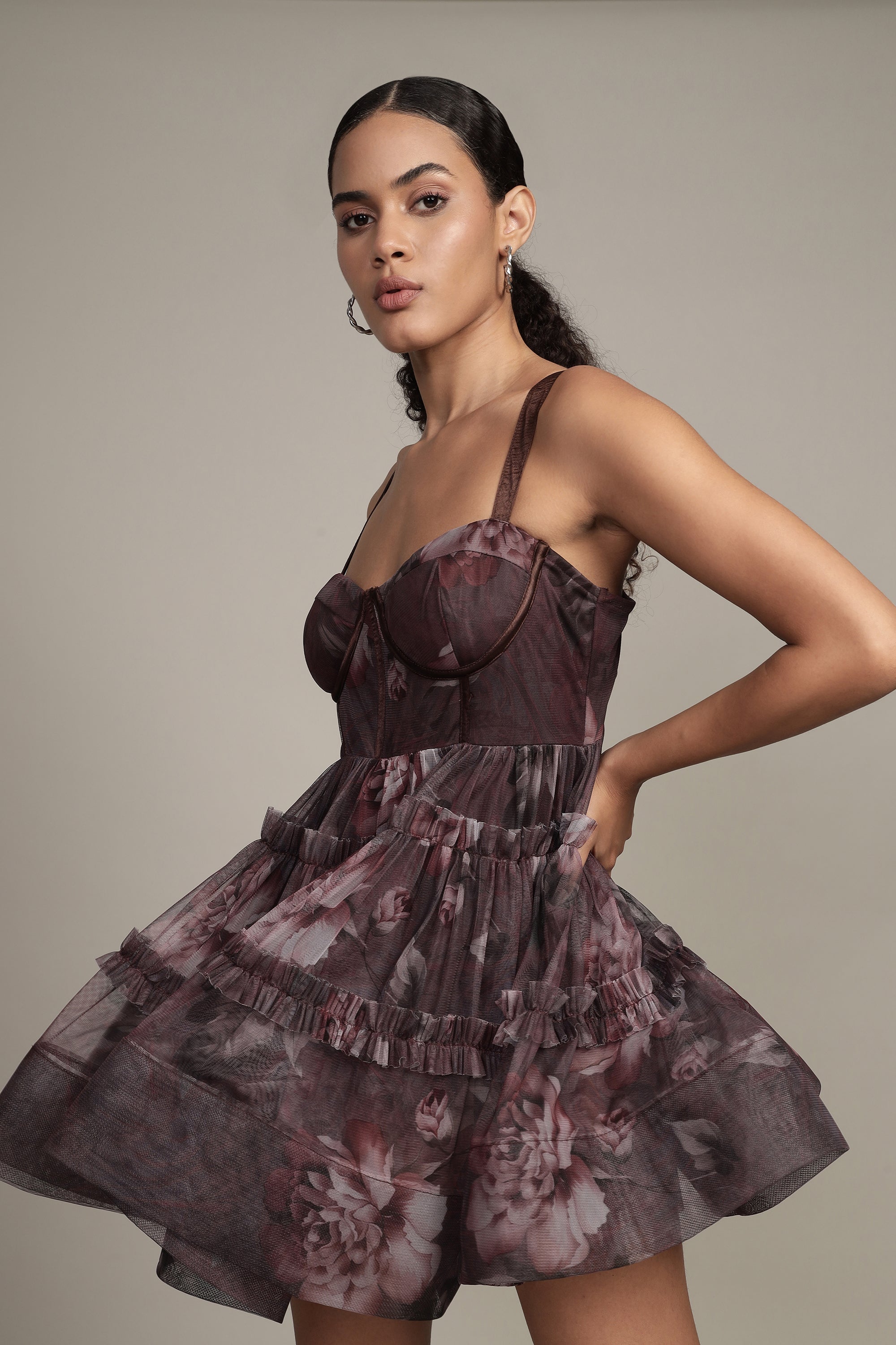 Raelynn Tulle Mini Dress in Plum Floral