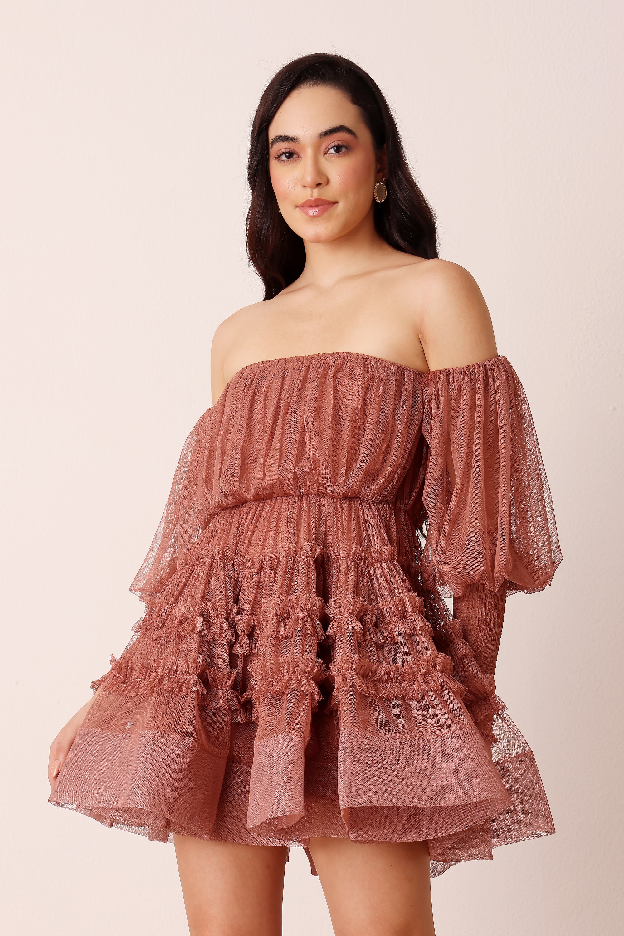 Off-shoulder flared mini dress long sleeve merlot rose brown