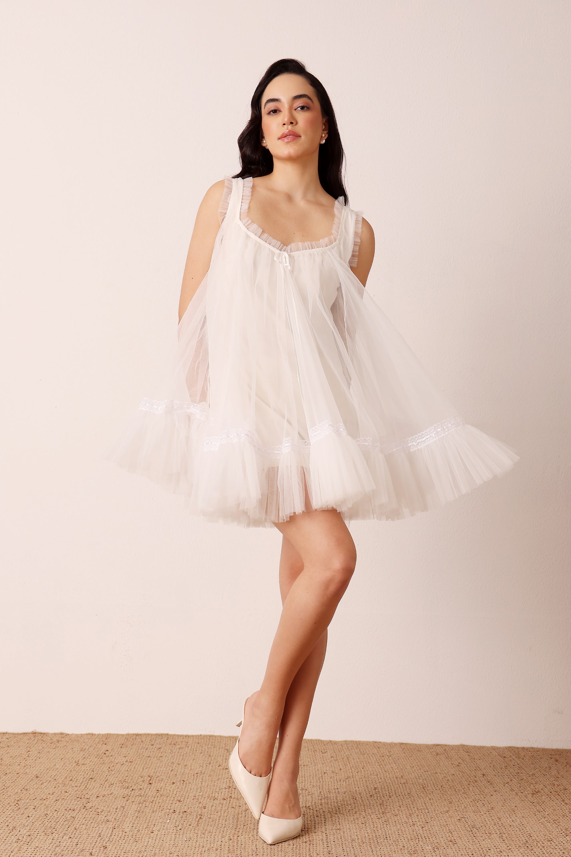 White cream ivory swing babydoll mini dress lace trims sleeveless