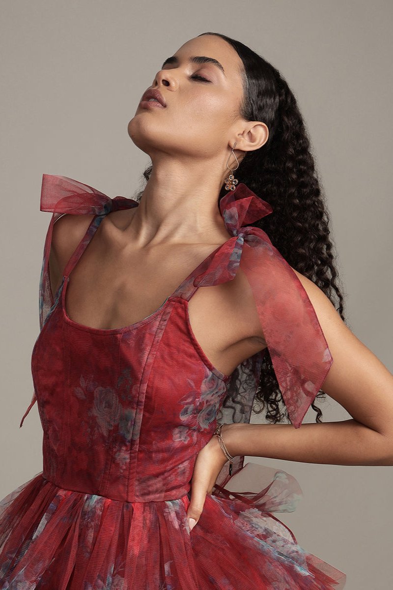 red floral corset tulle mini tutu dress