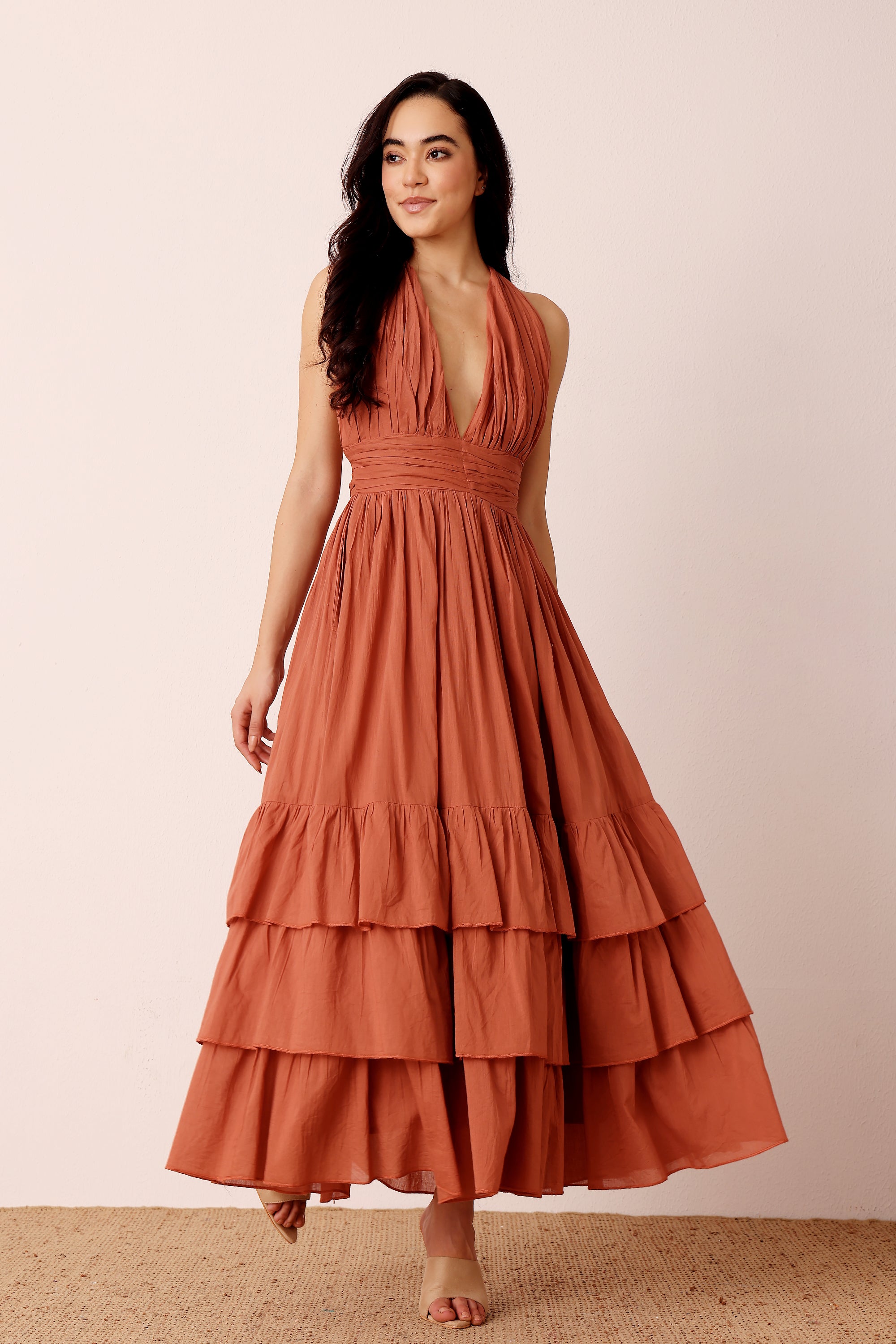 Cotton halter maxi dress holiday vacation backless terracotta