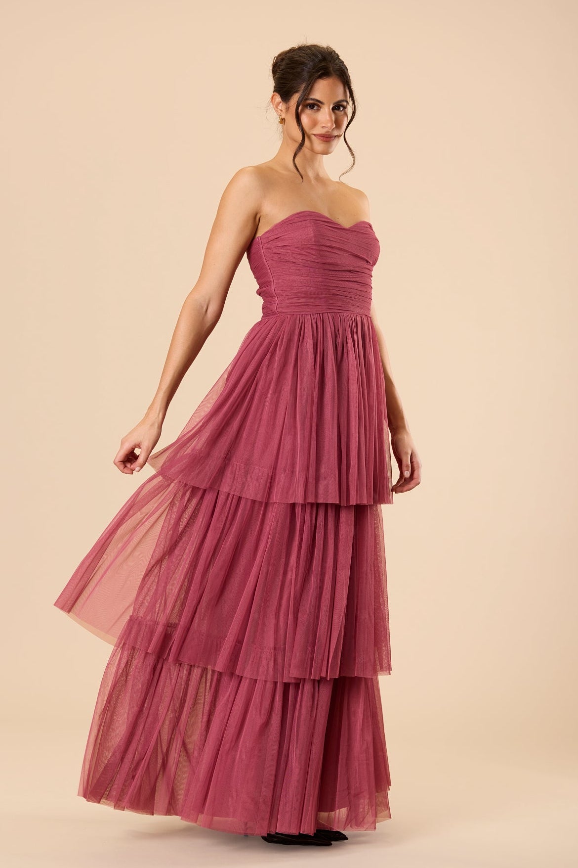 Strapless Sweetheart Rouched Bodice Smocked Back Tiered Maxi Dress Bridesmaid Formal Pink Purple Orchid
