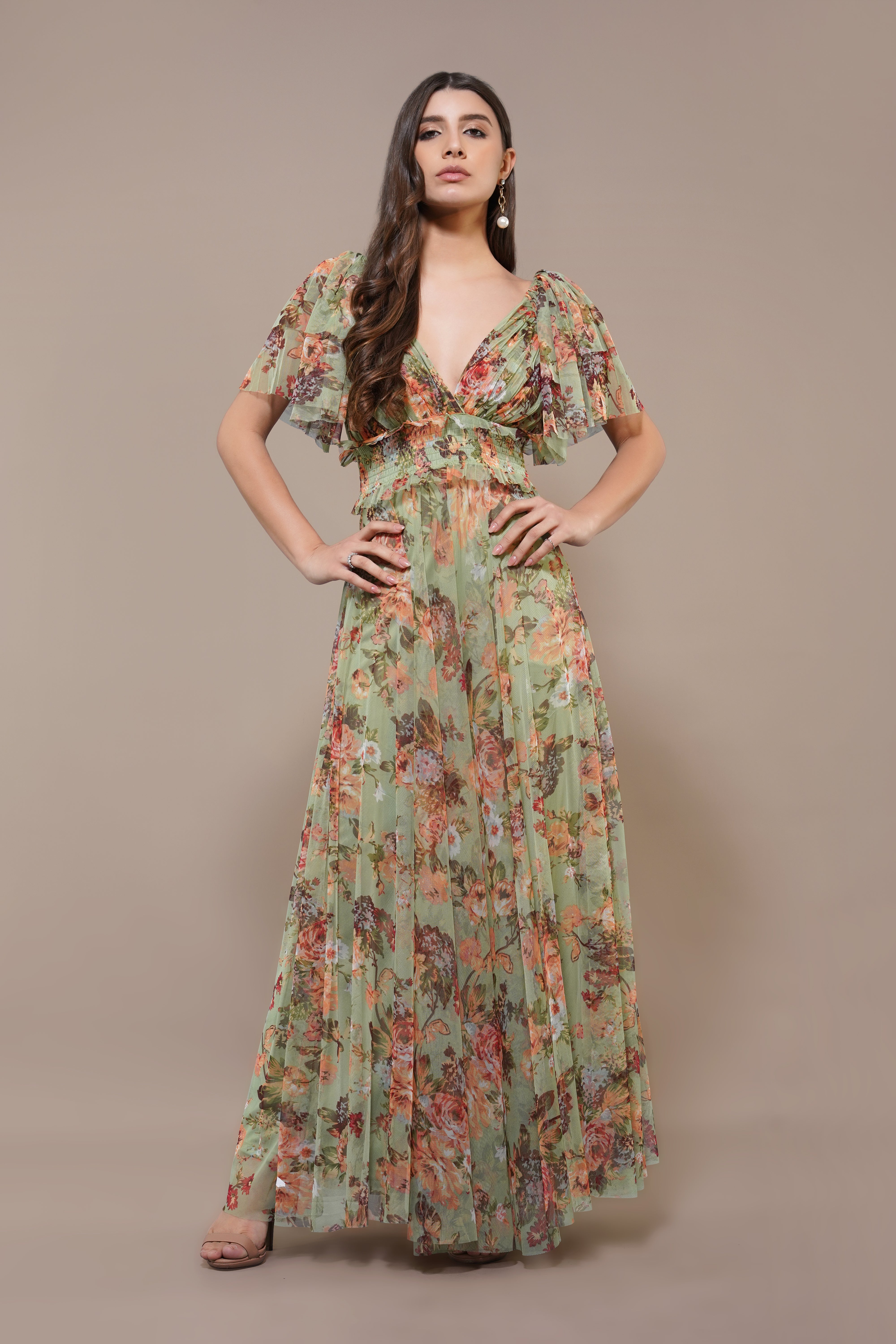 Green Floral Print Maxi Tulle Sun Dress Plunging Sheered Waist