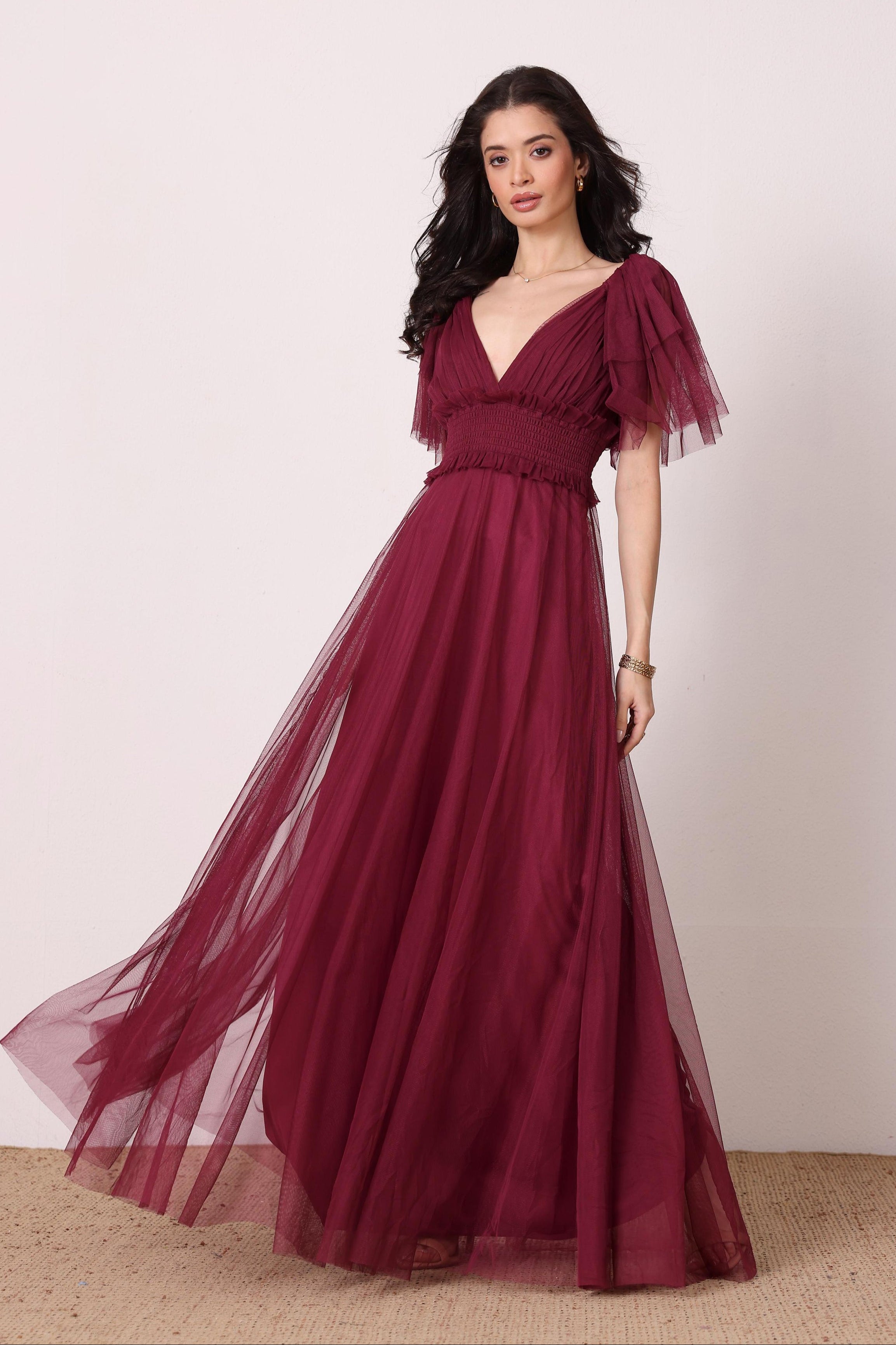 Butterfly sleeve cinched waist a-line tulle mesh fig purple pink maxi dress