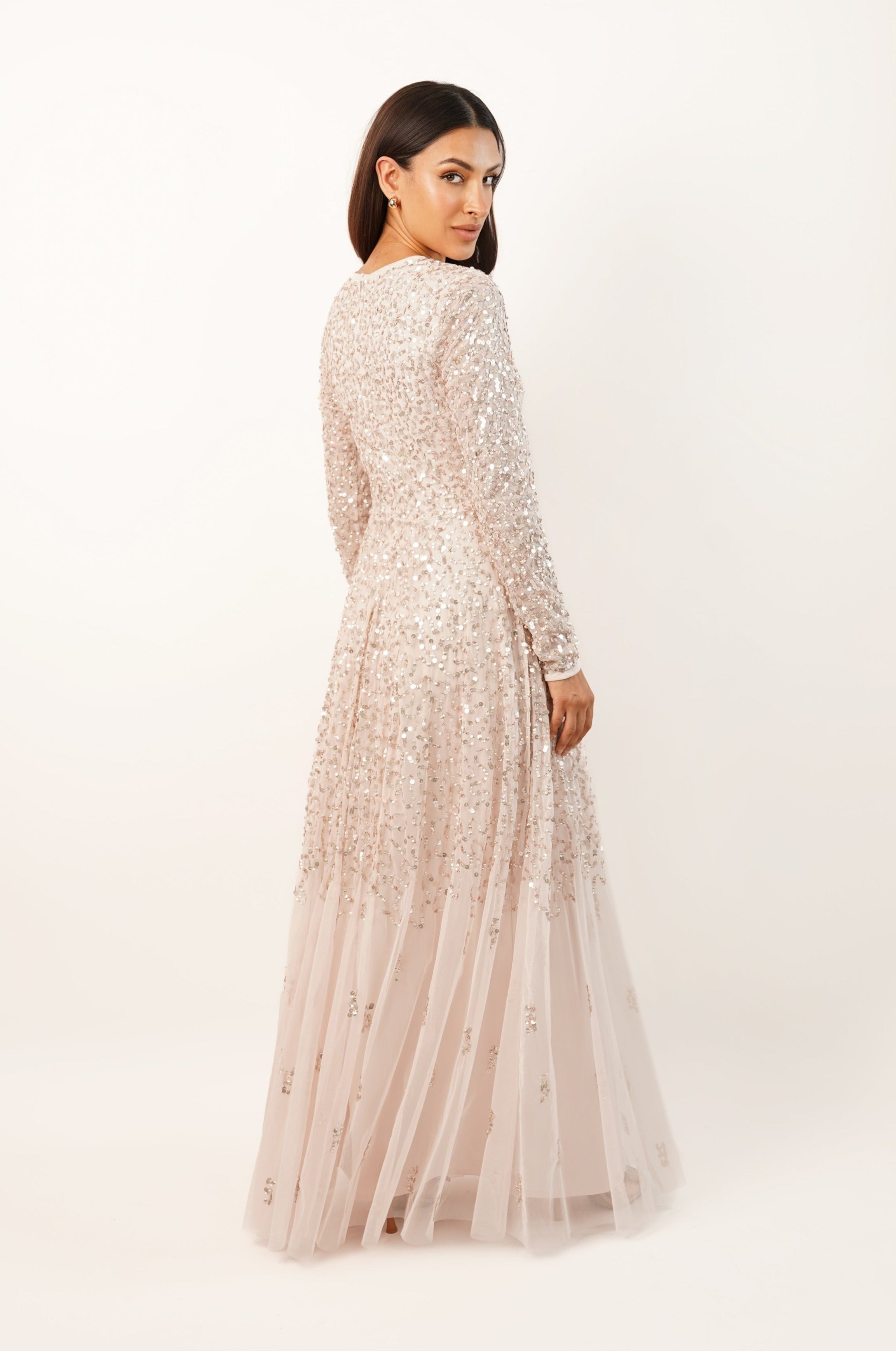 Sila Long Sleeve Embellished Maxi Dress in Powder Pink