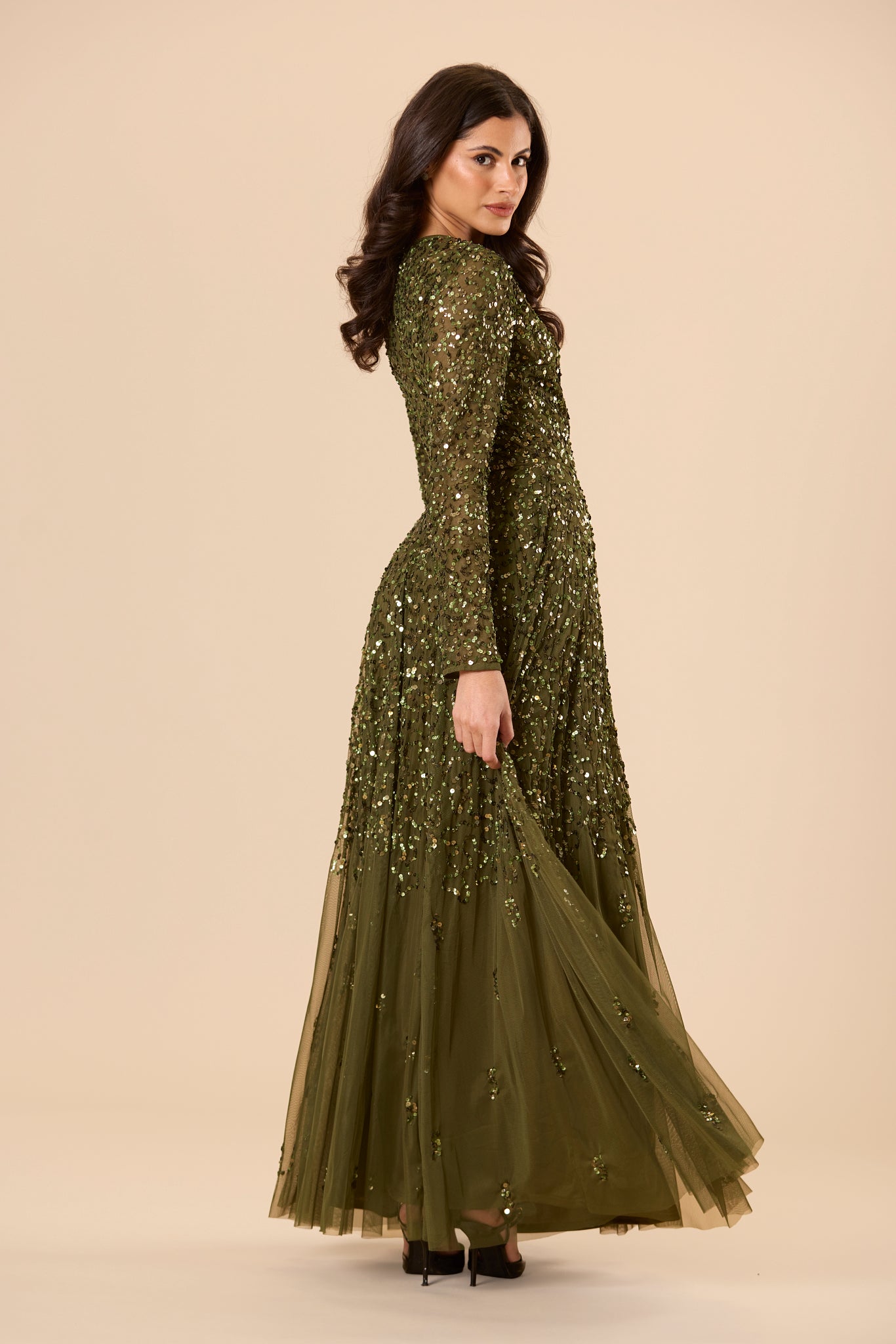 Sila Long Sleeve Embellished Maxi Dress in Deep Olive Green – Lace & Beads