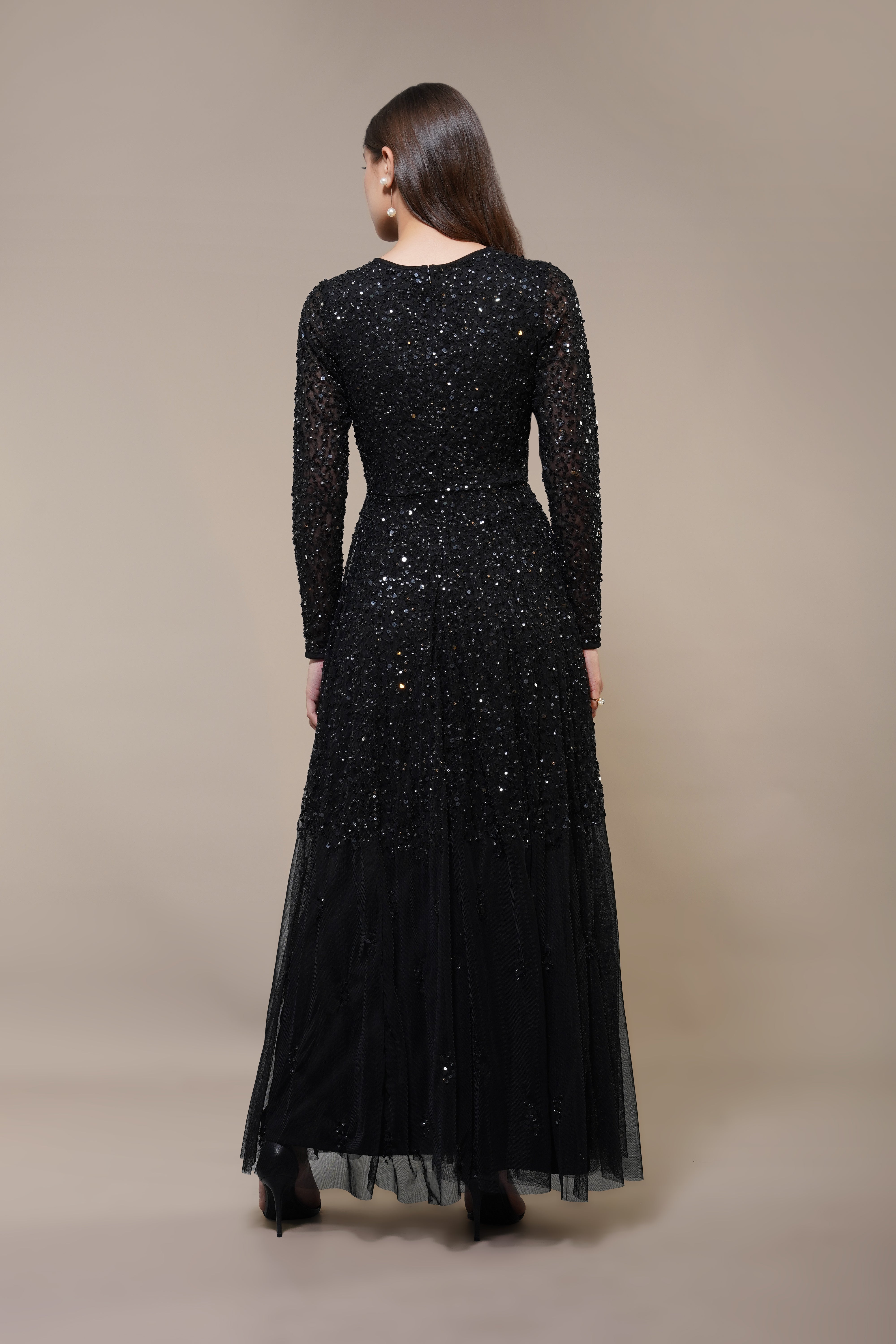 Sila Long Sleeve Embellished Maxi Dress in Black