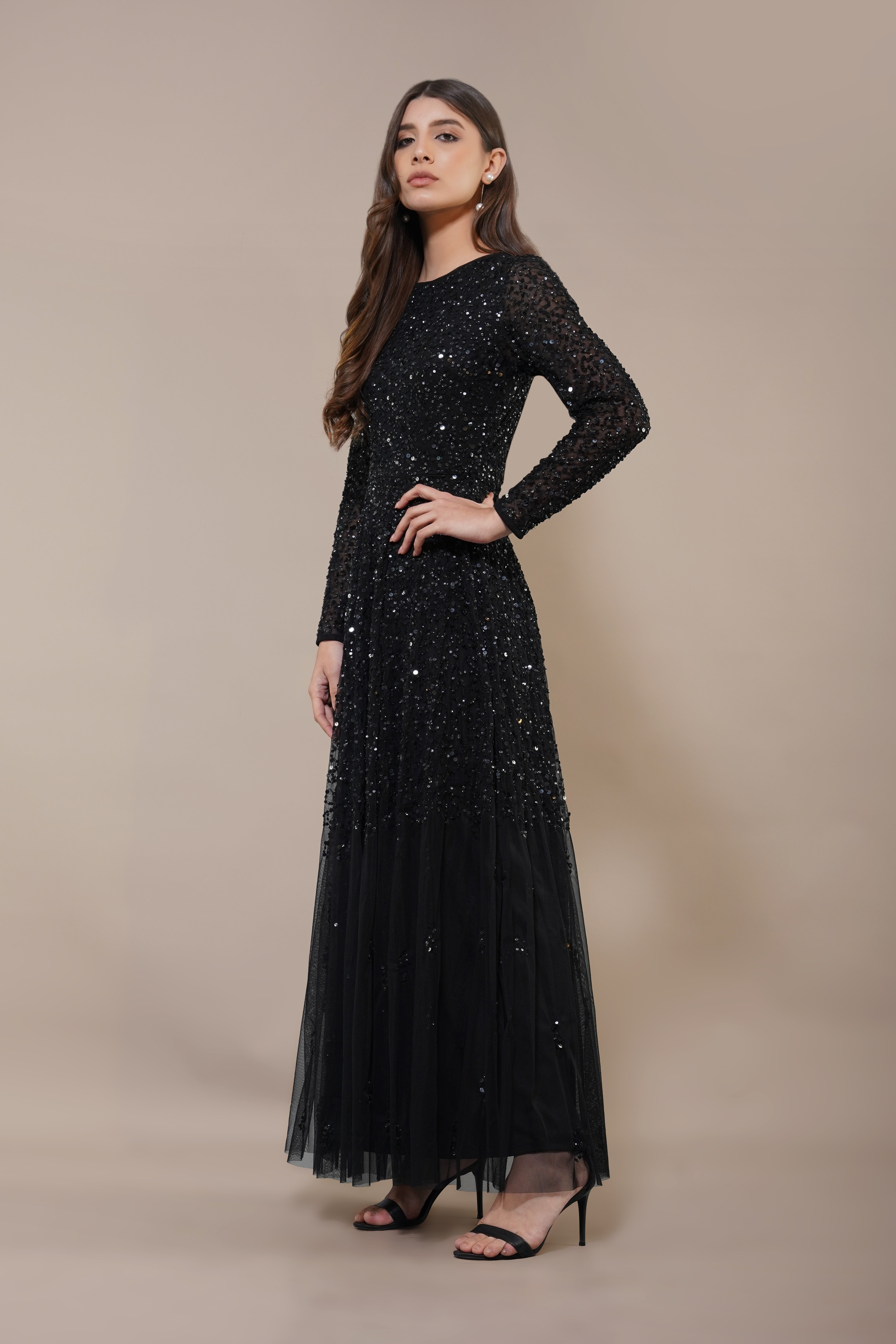 Sila Long Sleeve Embellished Maxi Dress in Black