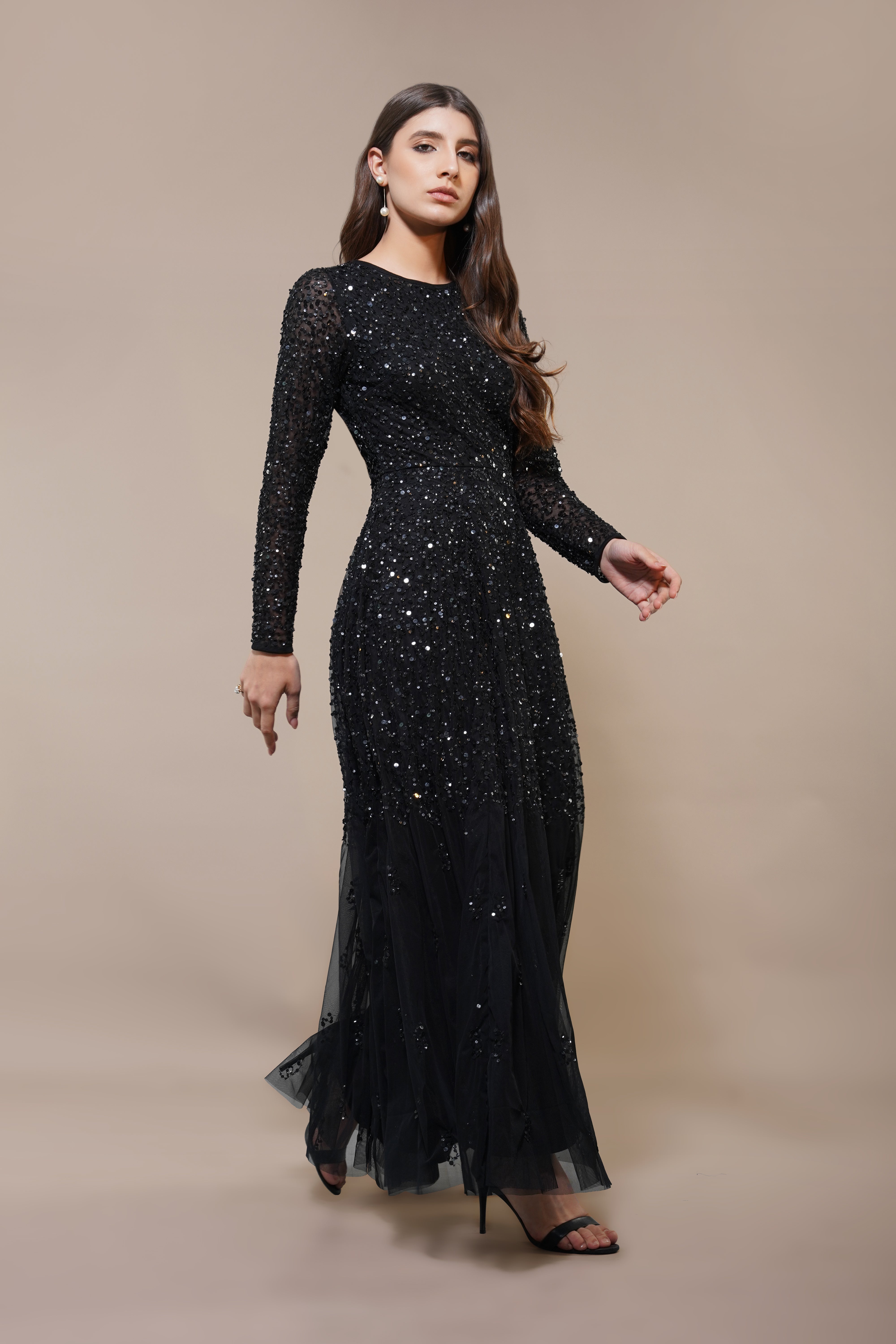 Sila Long Sleeve Embellished Maxi Dress in Black