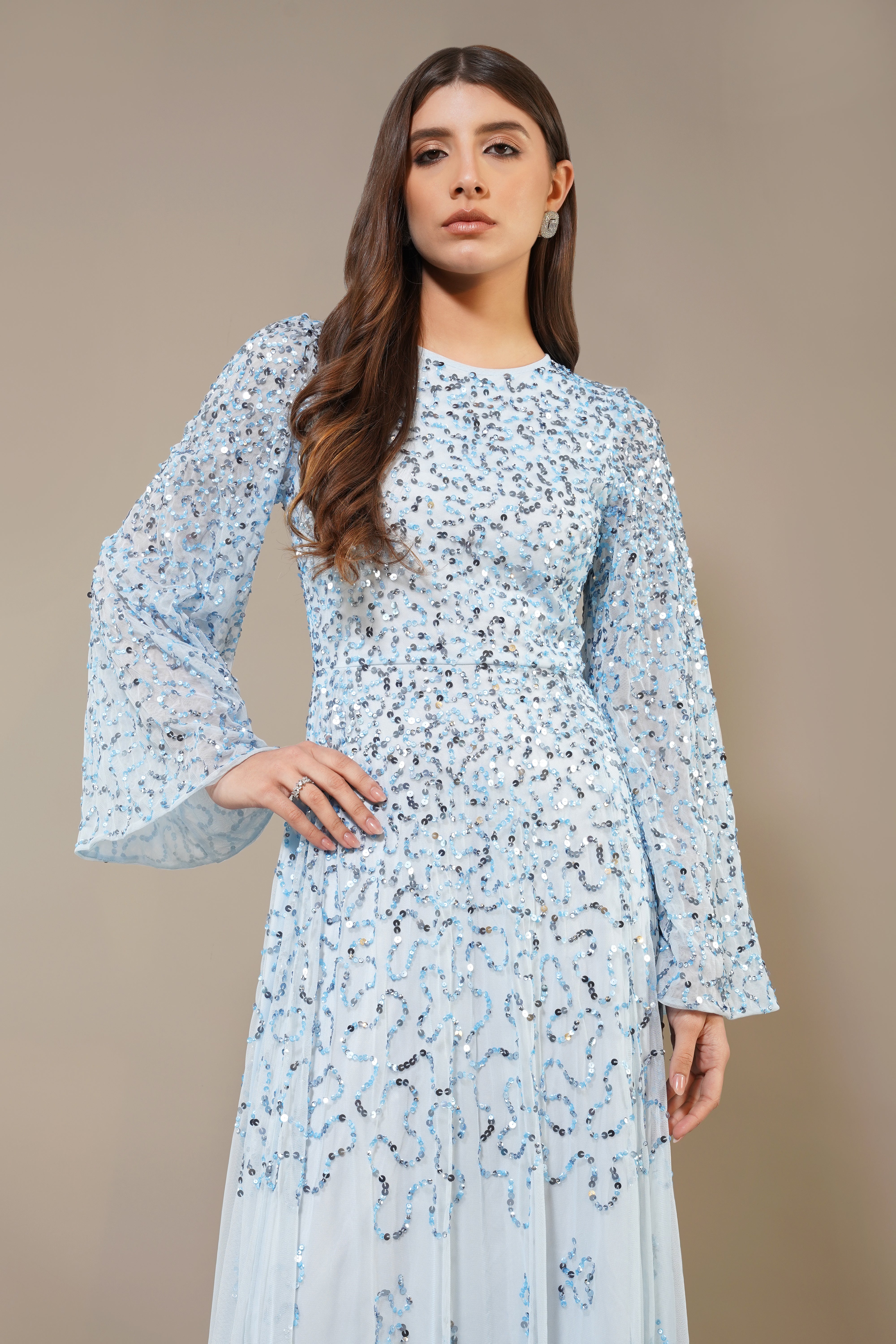 Sloane Long Sleeve Embellished Maxi Dress in Sky Blue – Lace & Beads Sloane Long Sleeve Embellished Maxi Dress in Sky Blue – Lace & Beads