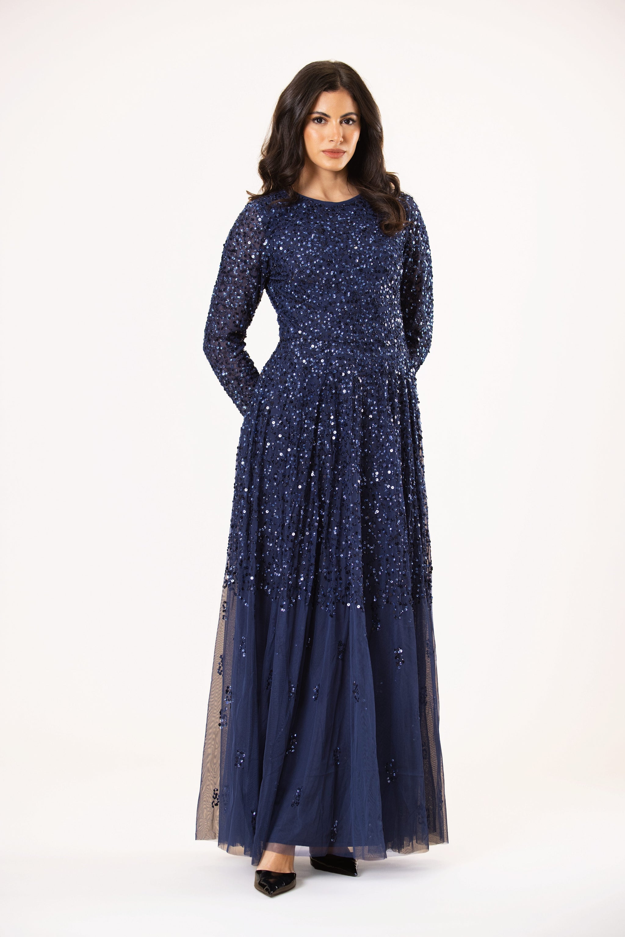 fitted lace wedding dress Sila Long Sleeve Embellished Maxi Dress in Dark Blue