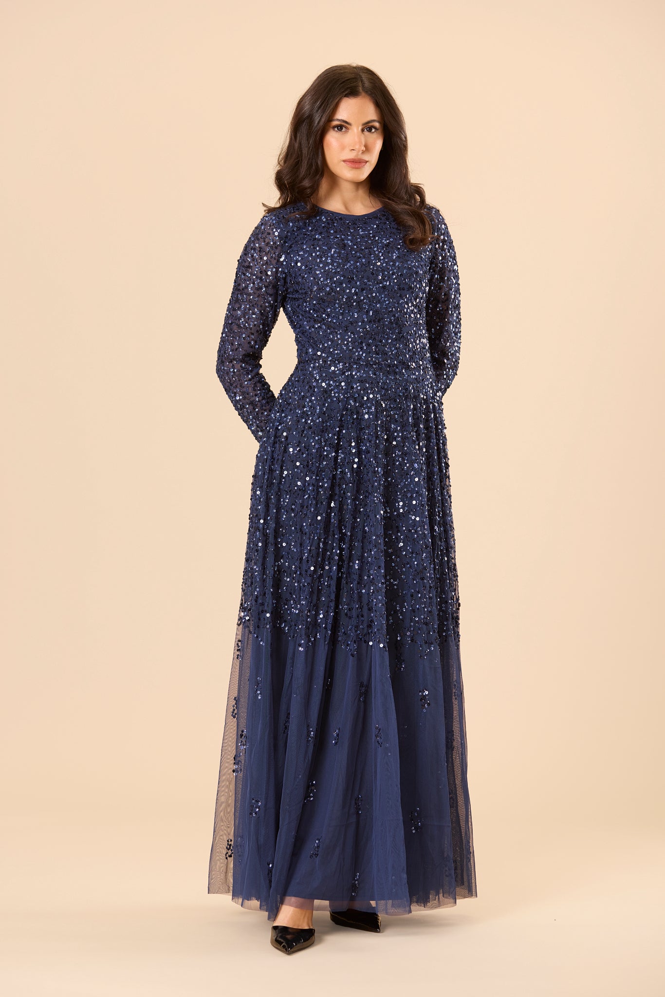 Sila Long Sleeve Embellished Maxi Dress in Dark Blue Lace & Beads Sila Long Sleeve Embellished Maxi Dress in Dark Blue Lace & Beads