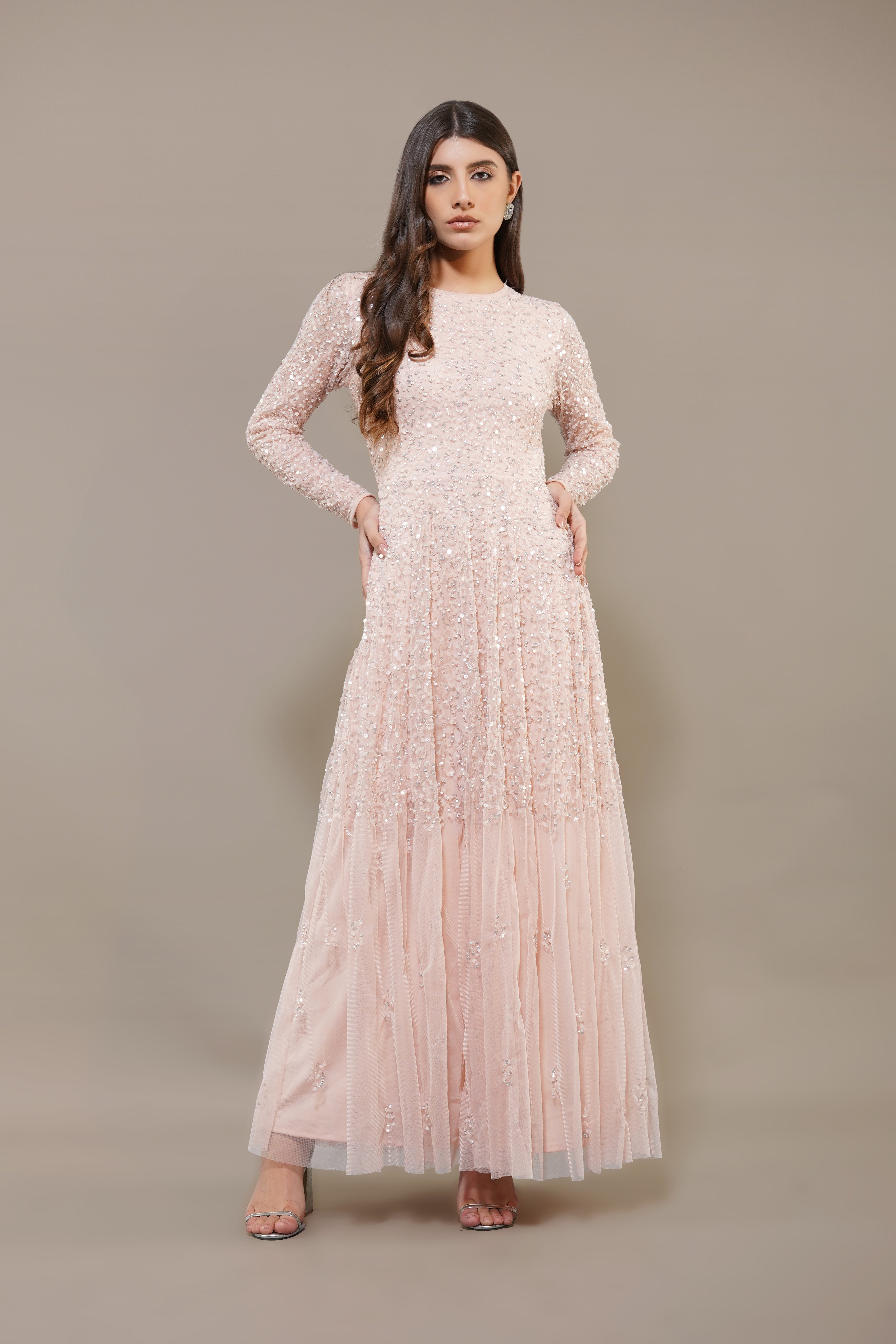 Sila Long Sleeve Embellished Maxi Dress in Blush Pink Lace & Beads Sila Long Sleeve Embellished Maxi Dress in Blush Pink Lace & Beads