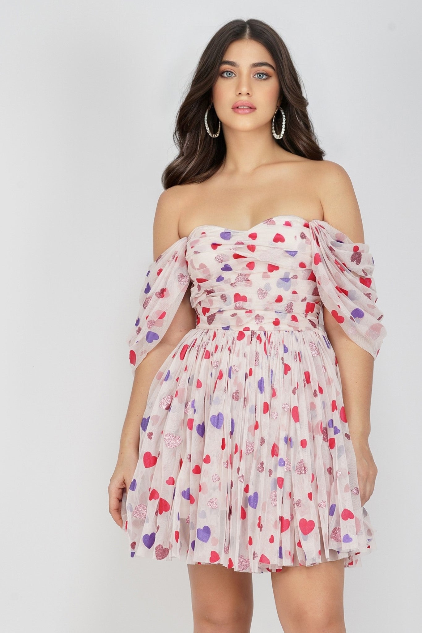 lace and beads heart dress 3-D Heart Applique Bead Layered Skirt Mesh A-line Long Dress XL / Lilac