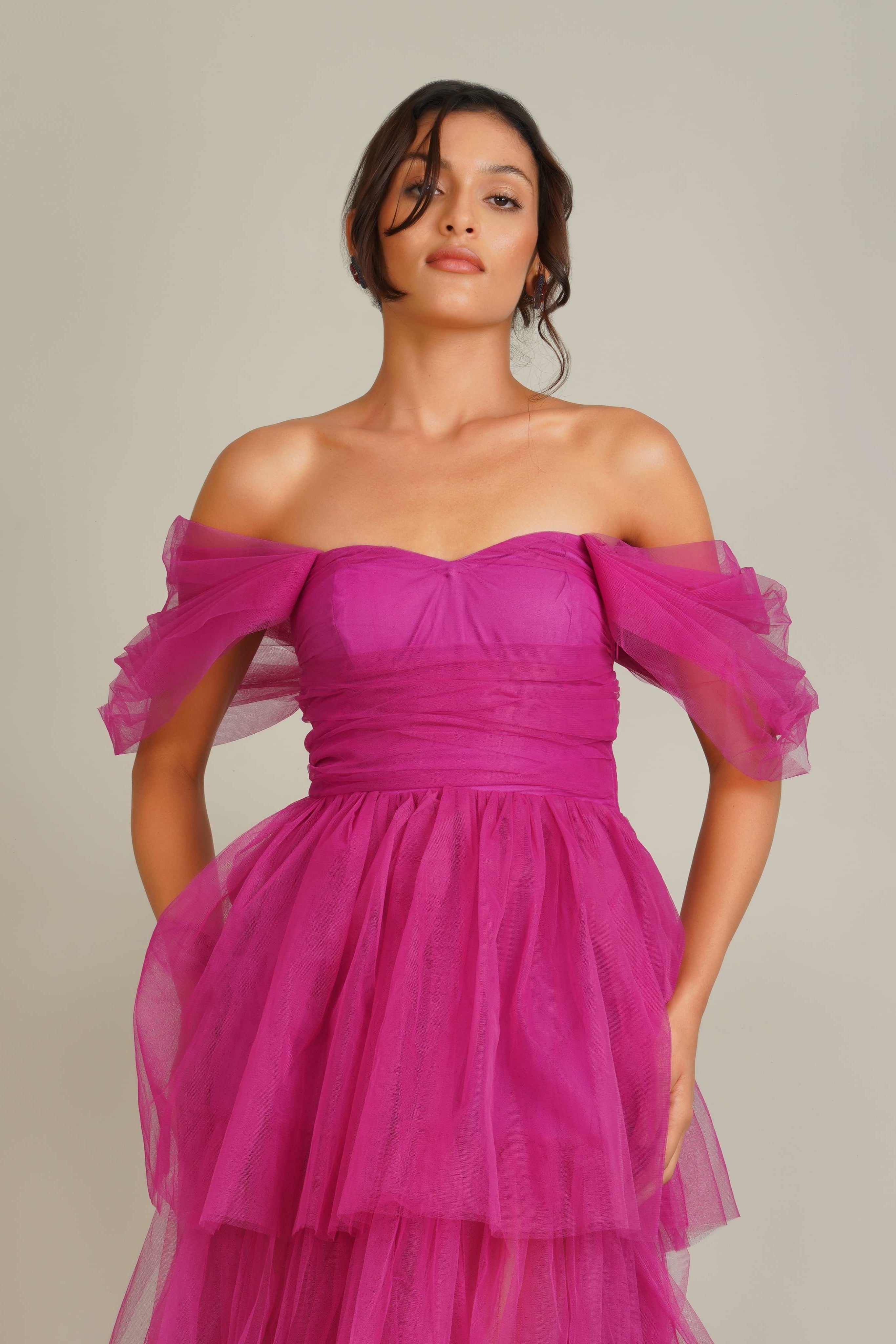 Sydney Off Shoulder Tulle Maxi Dress in Vivid Purple