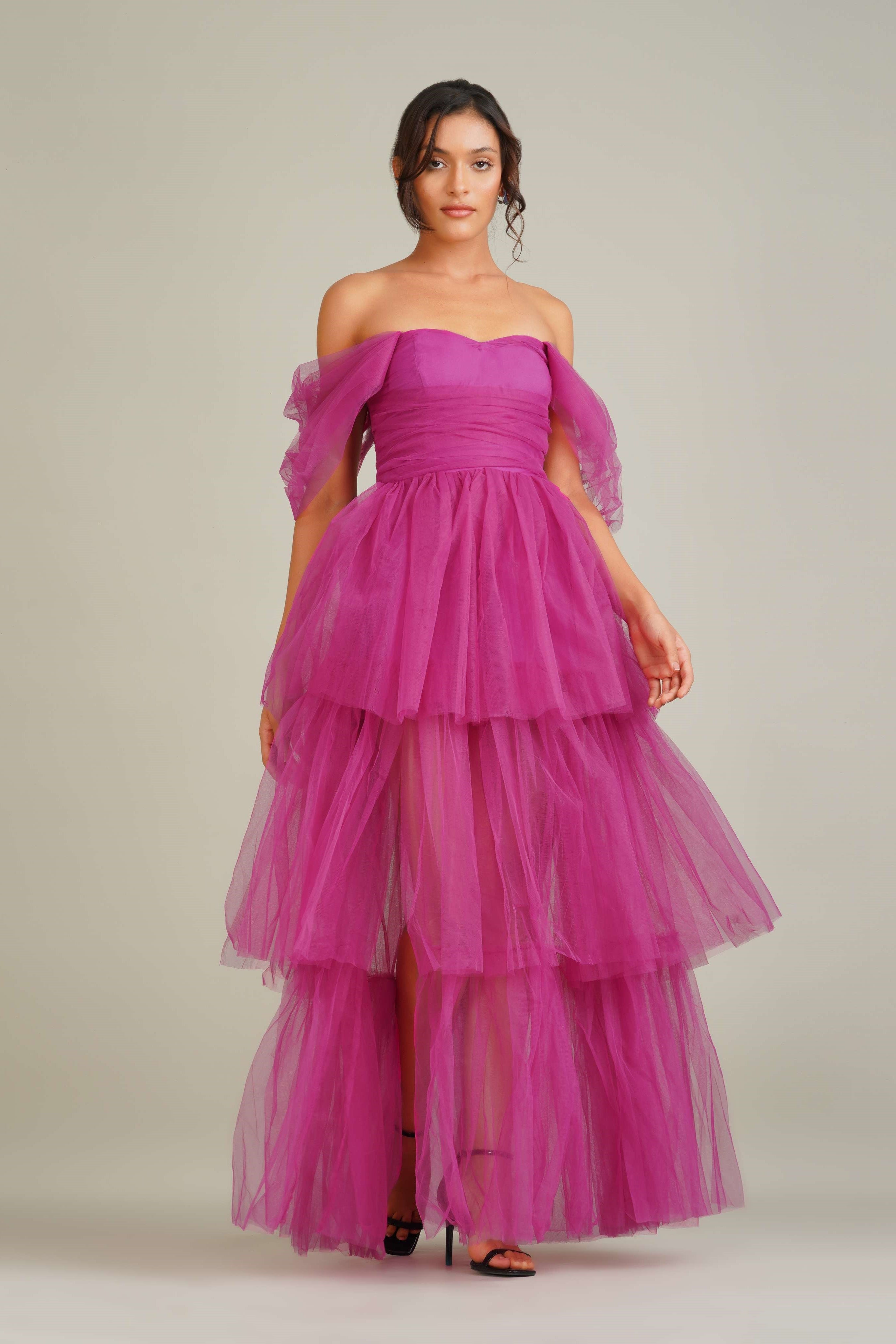 Bright Purple Pink Rouched Bodice Sweetheart Off-Shoulder Tulle Layered Maxi Dress