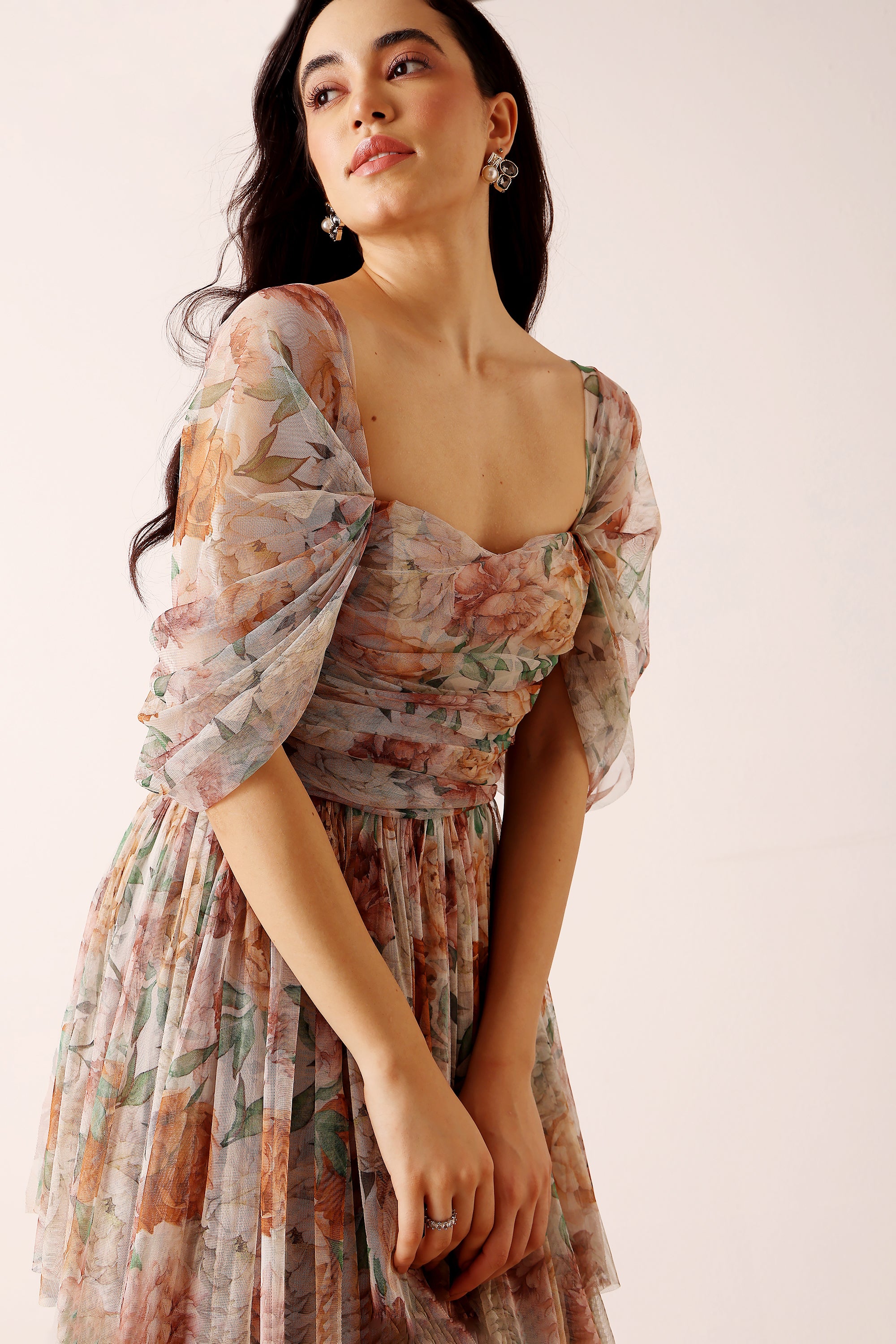 Sydney Off Shoulder Tulle Maxi Dress in Brown Floral