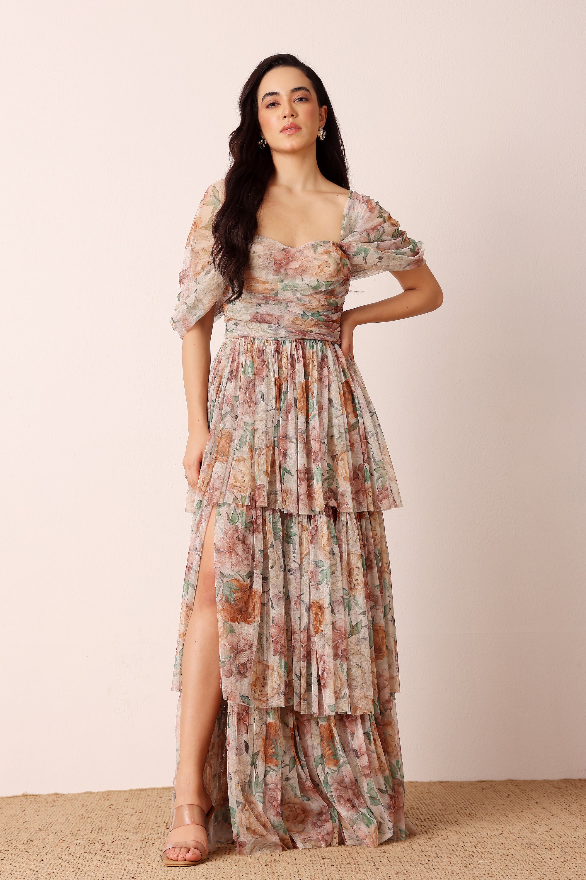 Sydney Off Shoulder Tulle Maxi Dress in Brown Floral