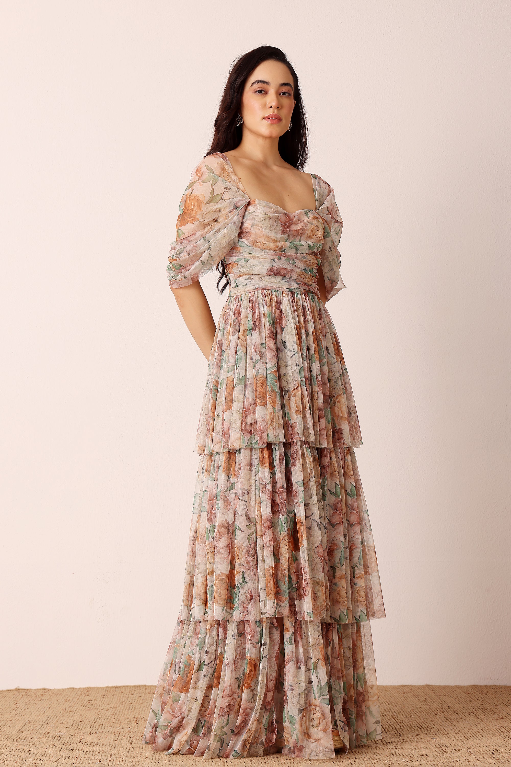 Off shoulder sweetheart neckline light brown floral maxi dress wedding formal