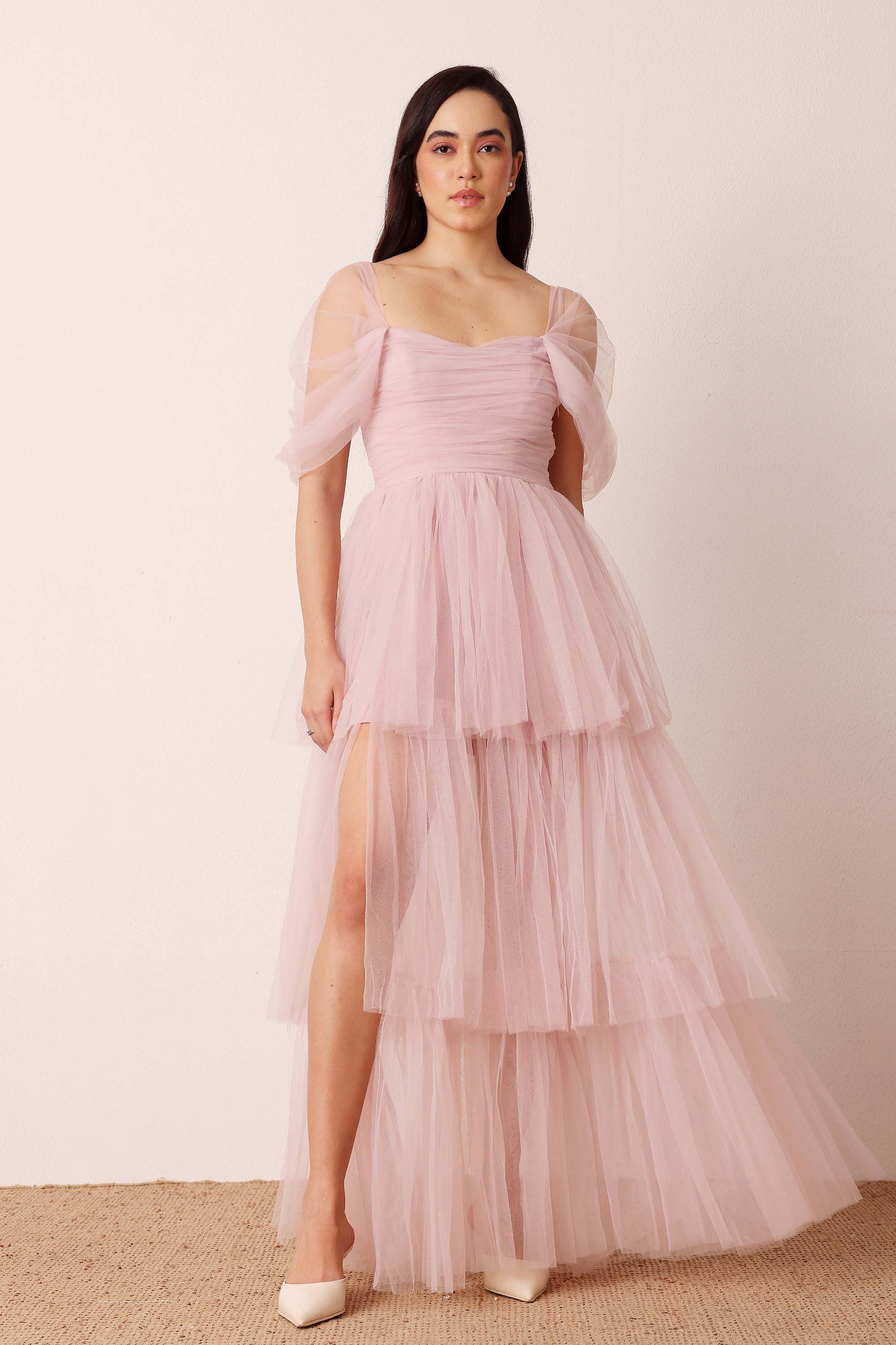 Off-shoulder drapped sweetheart neckline tiered skirt maxi bridesmaid formal dress powder pink