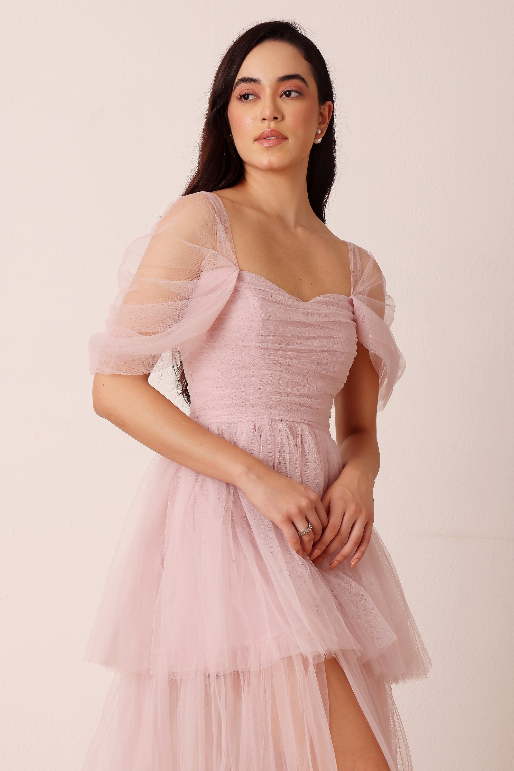 Sydney Off Shoulder Tulle Maxi Dress in Dusty Pink