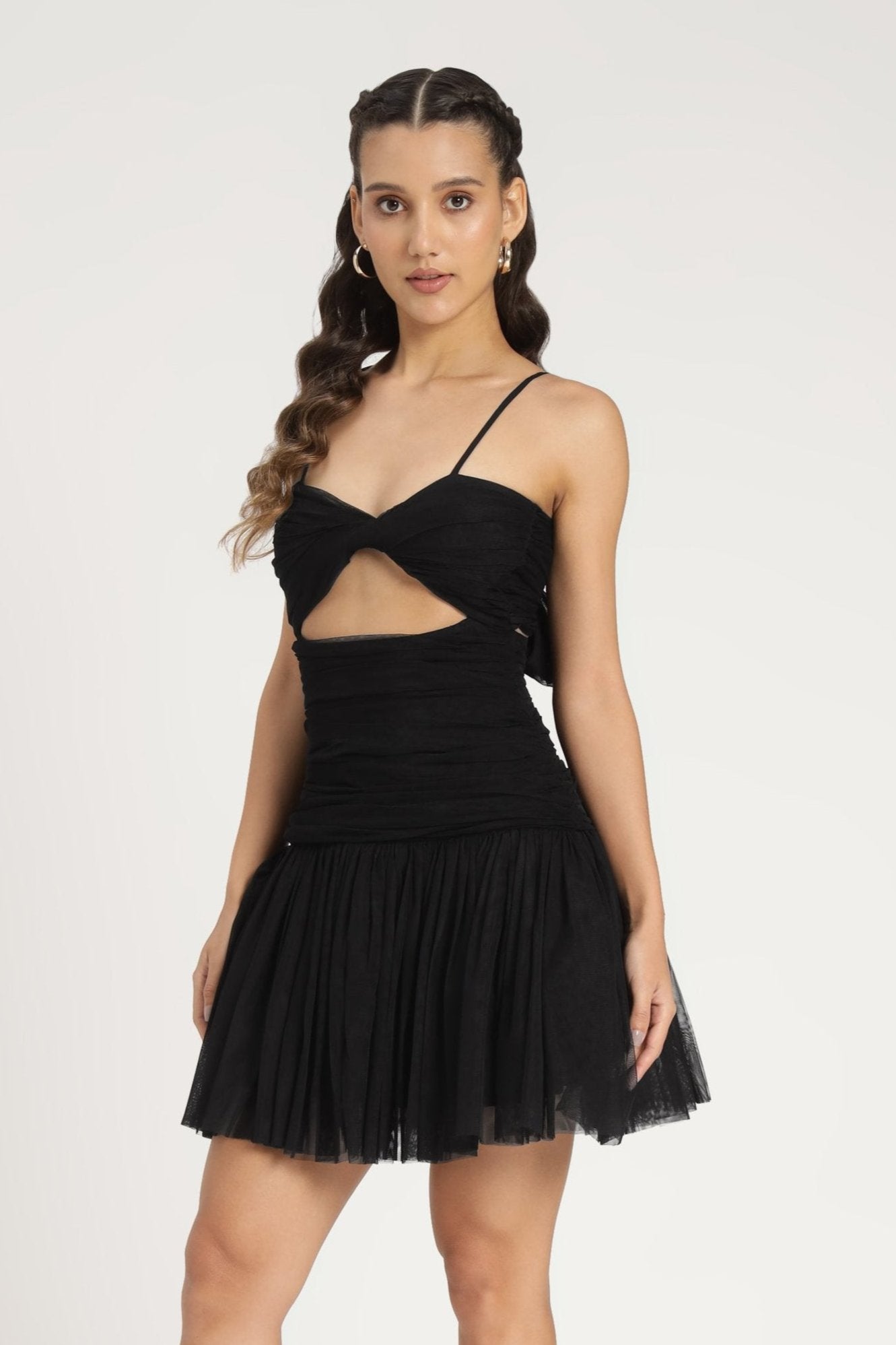Drop-waist black tulle mini dress bow spaghetti-straps