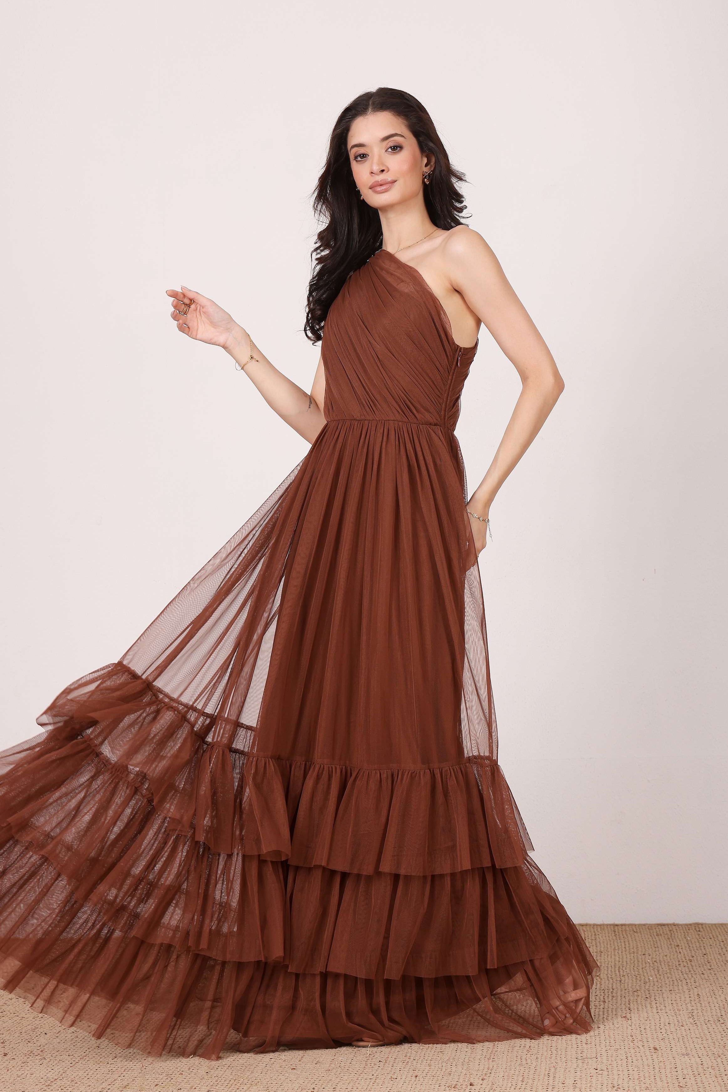 One shoulder tiered maxi dress formal bridesmaid deep chocolate brown