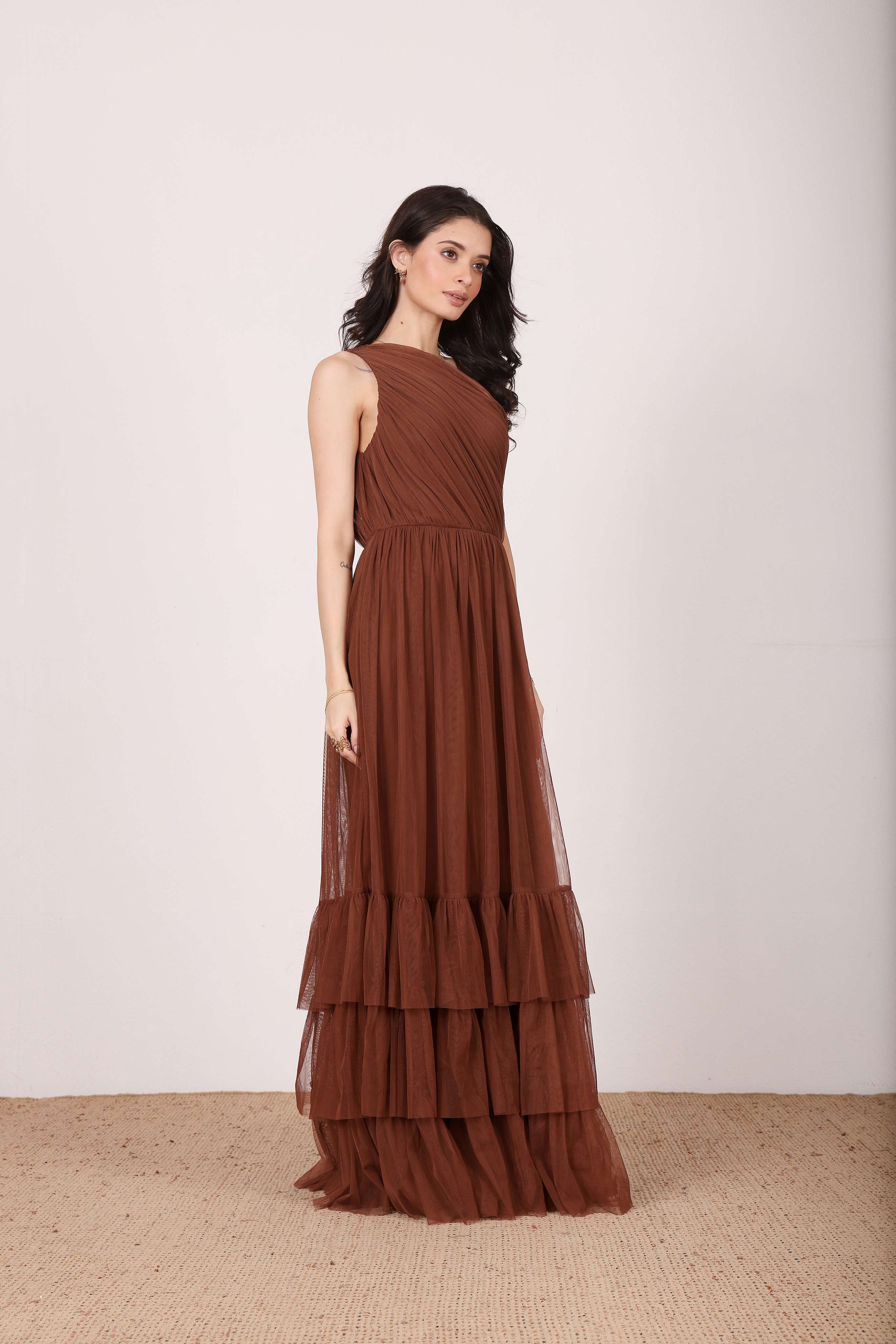 Nicolette One Shoulder Maxi Dress in Deep Brown