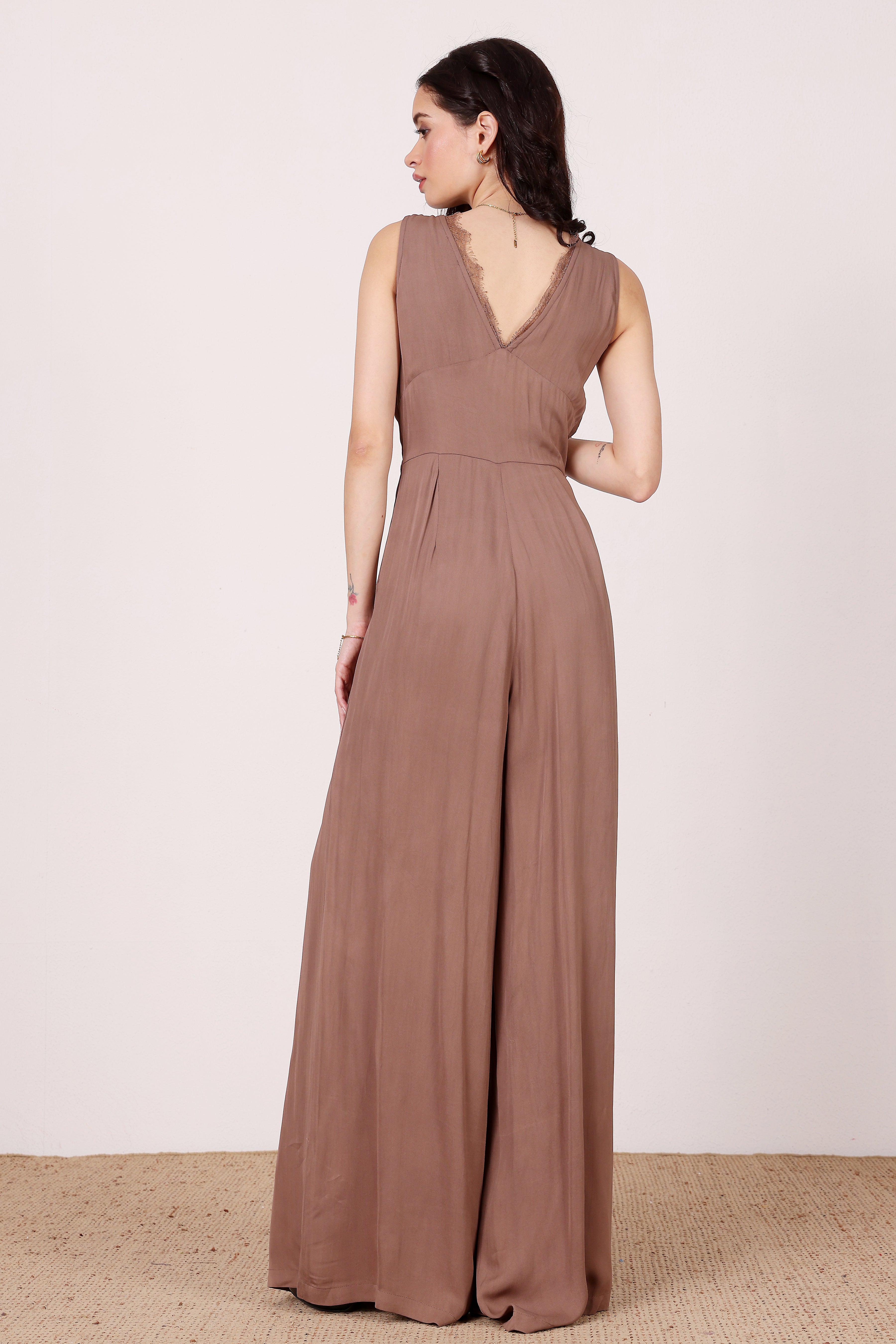 Ronnie Jumpsuit in Taupe with Lace Detail