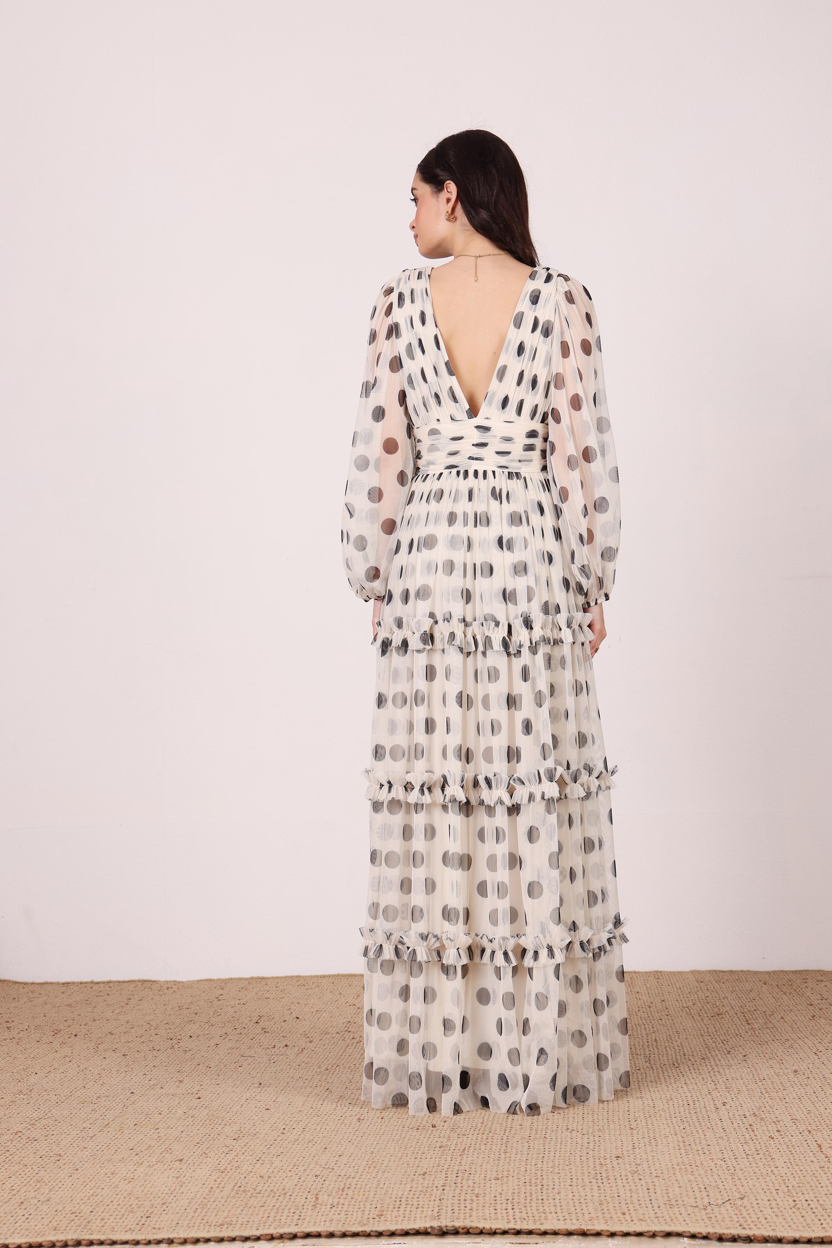 Lydia Maxi Dress in Cream and Black Polka Dot