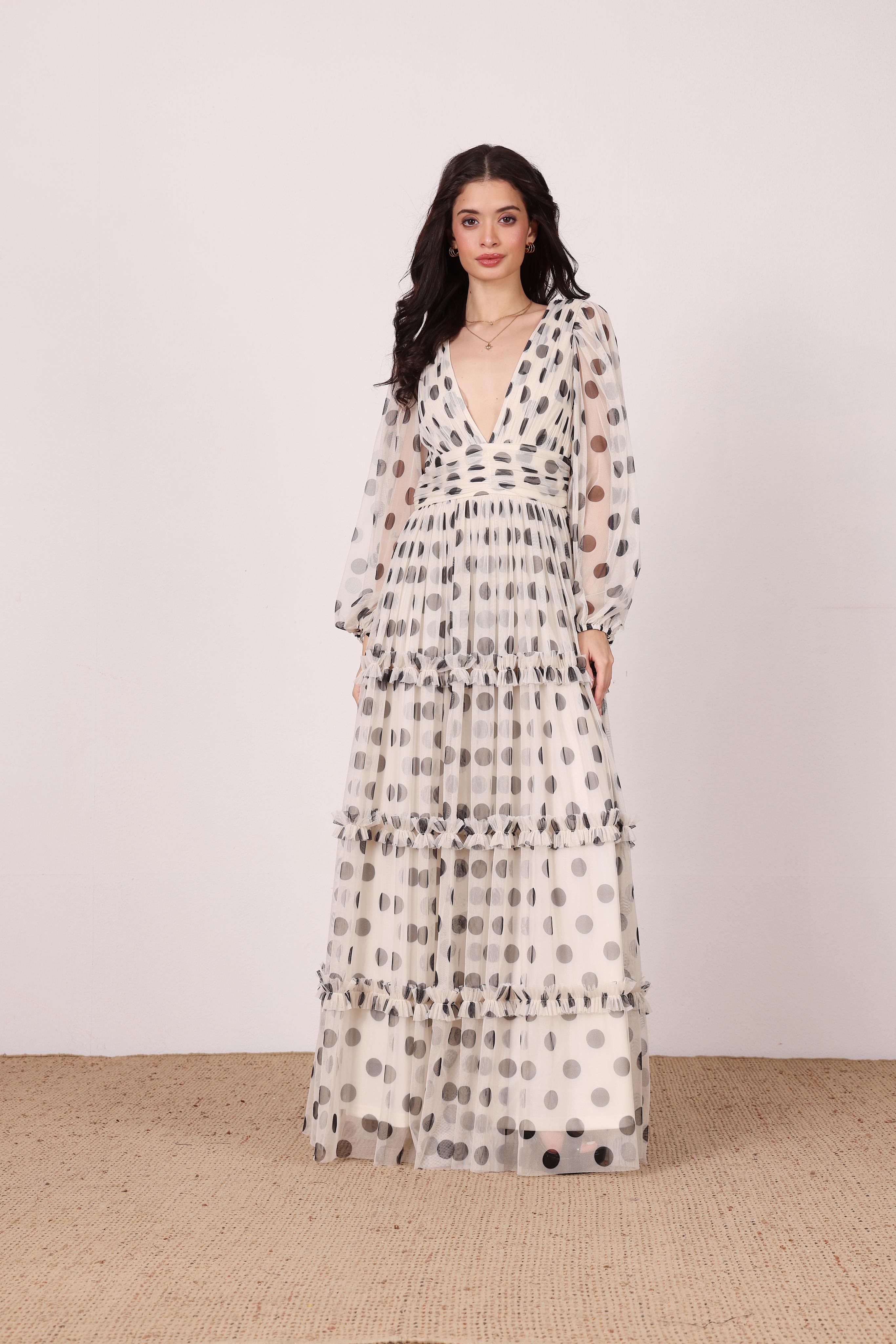 Lydia Maxi Dress in Cream and Black Polka Dot