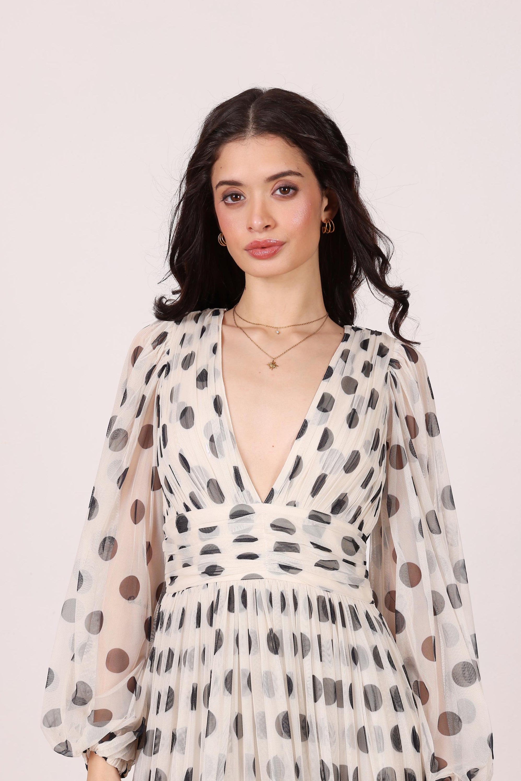 Lydia Maxi Dress in Cream and Black Polka Dot