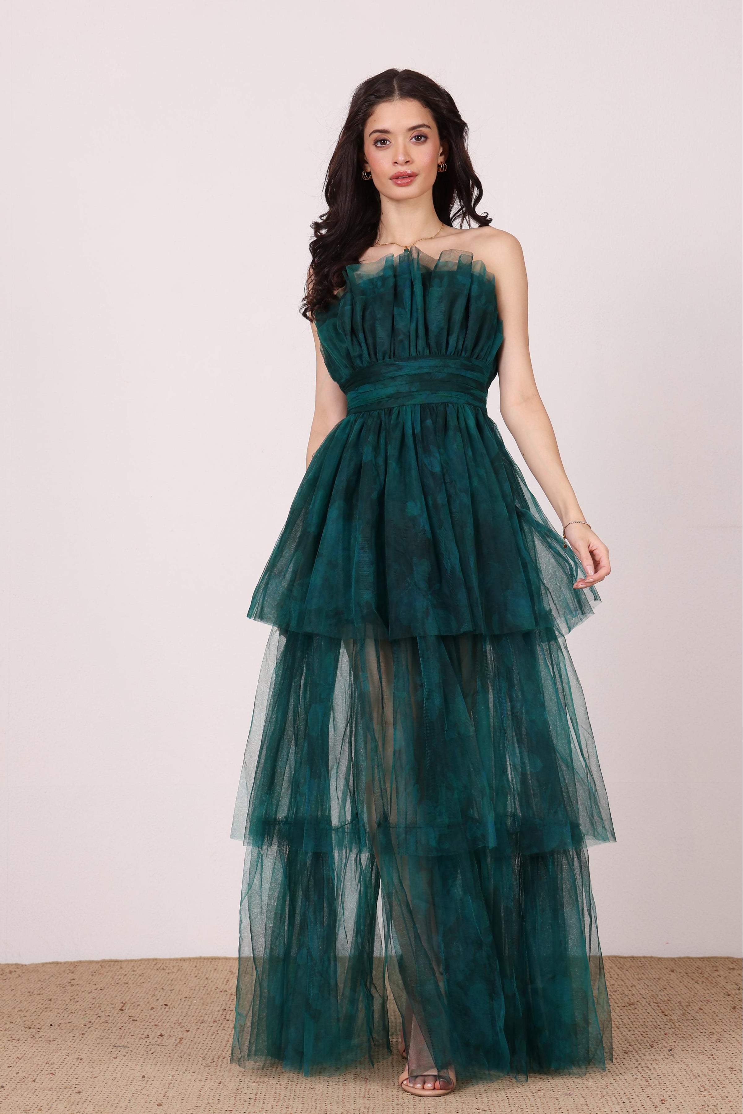 Natalia Tulle Maxi Dress in Jade Green Floral