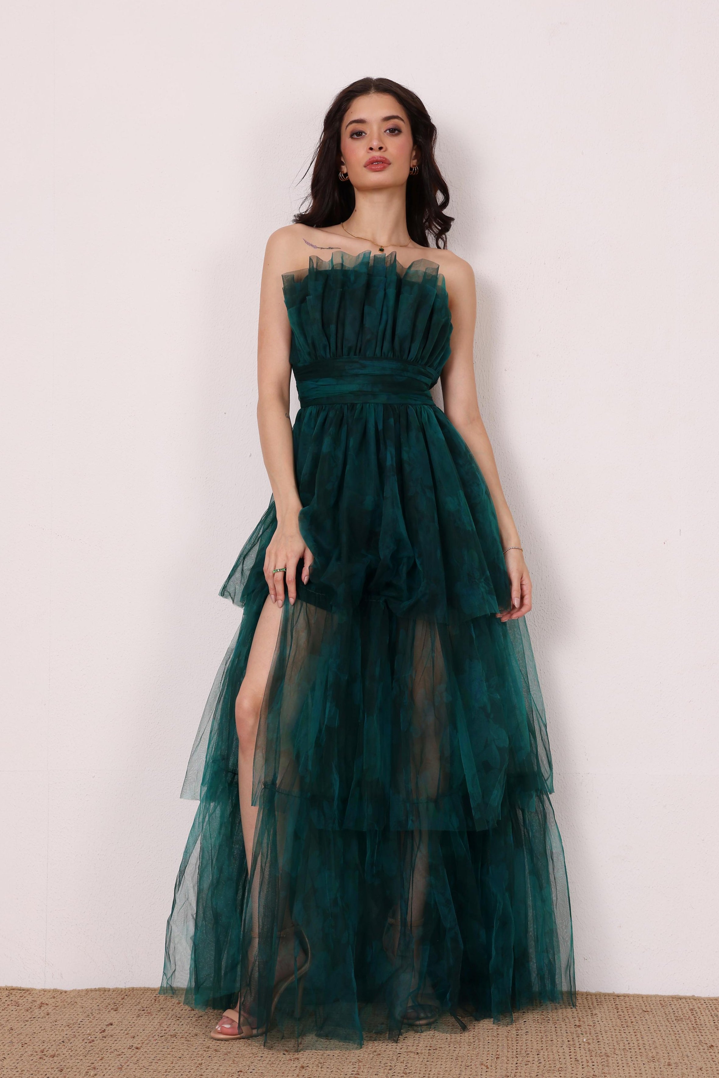 Natalia Tulle Maxi Dress in Jade Green Floral