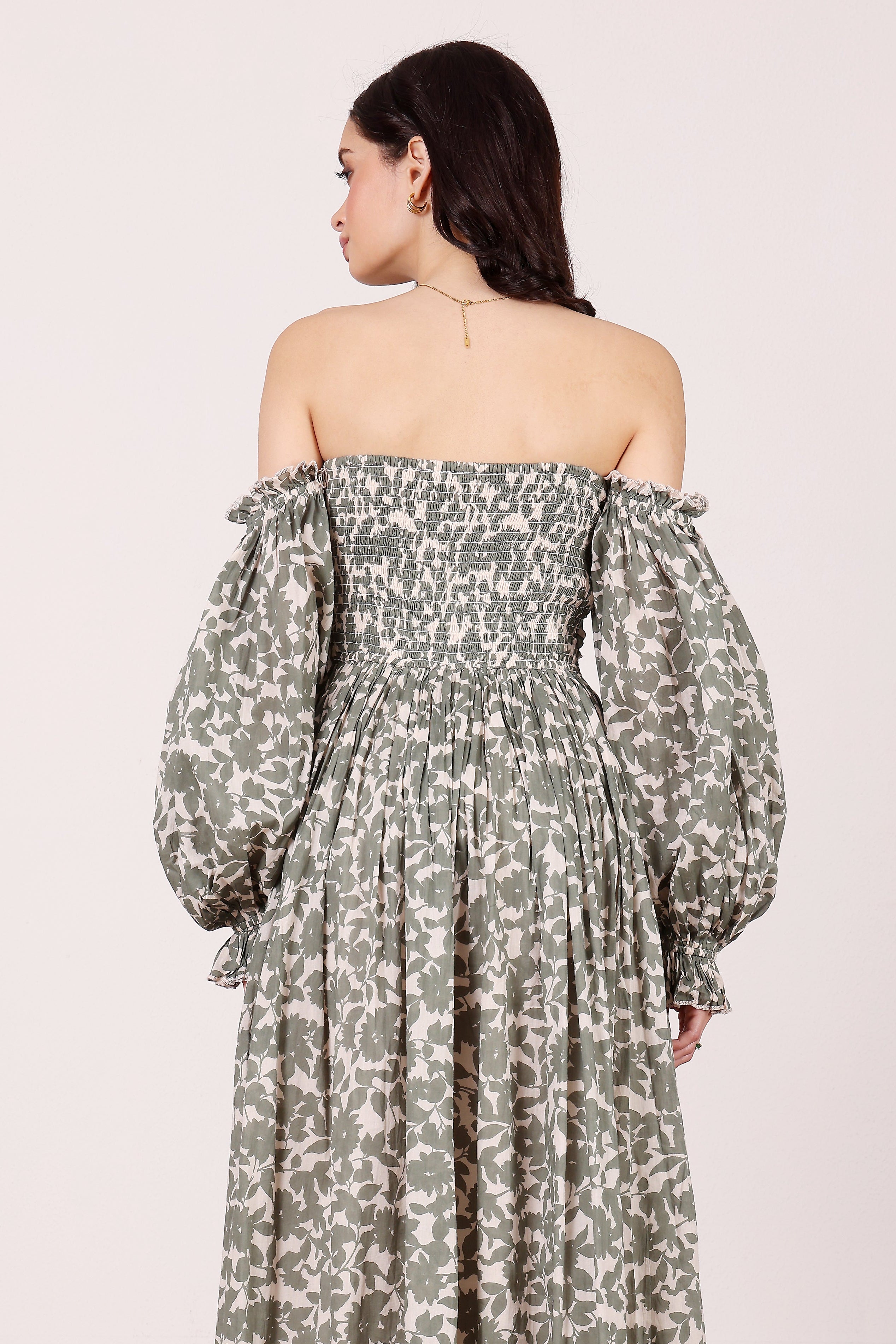 Lana Cotton Maxi Dress in Green Leaf Print