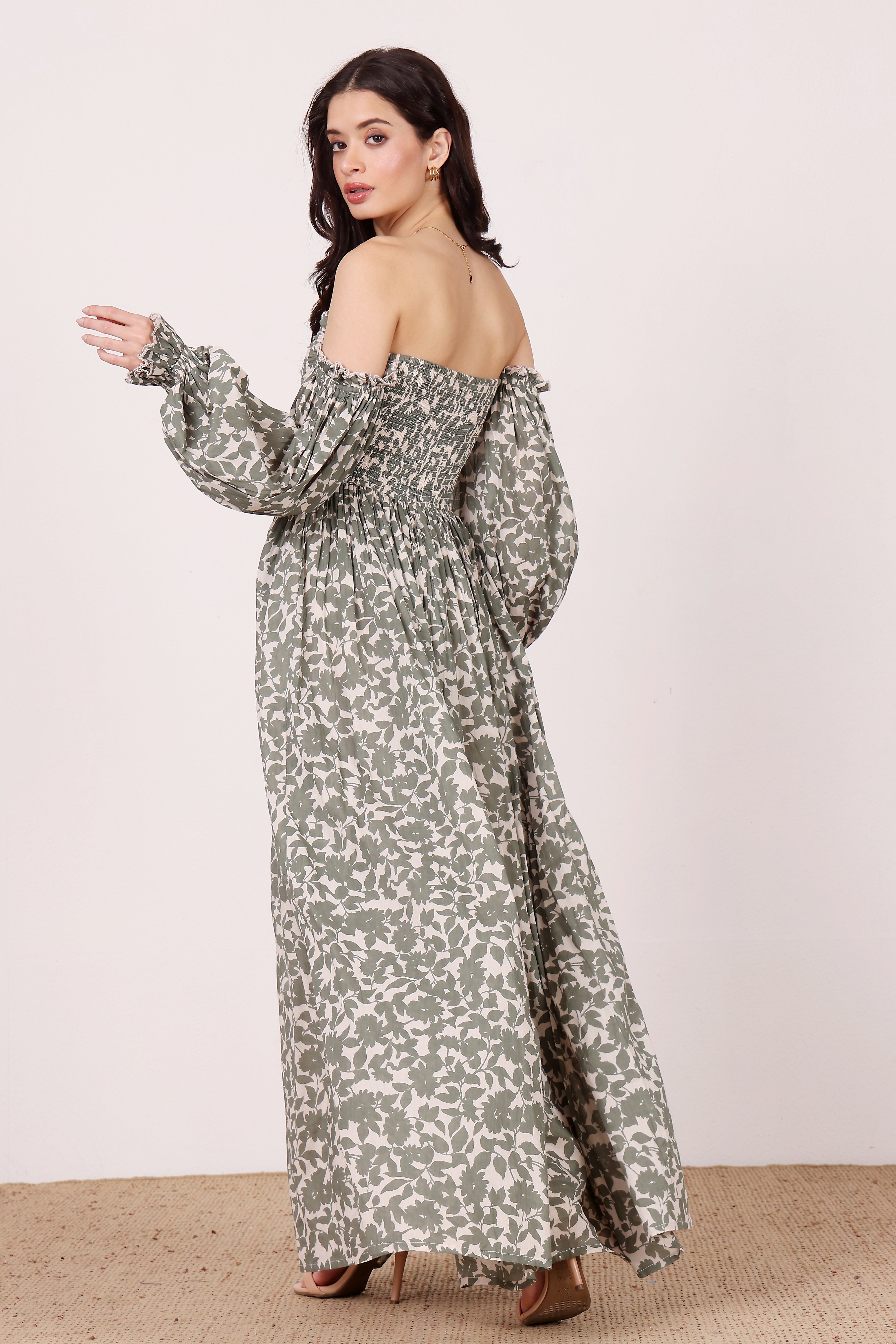 Lana Cotton Maxi Dress in Green Leaf Print