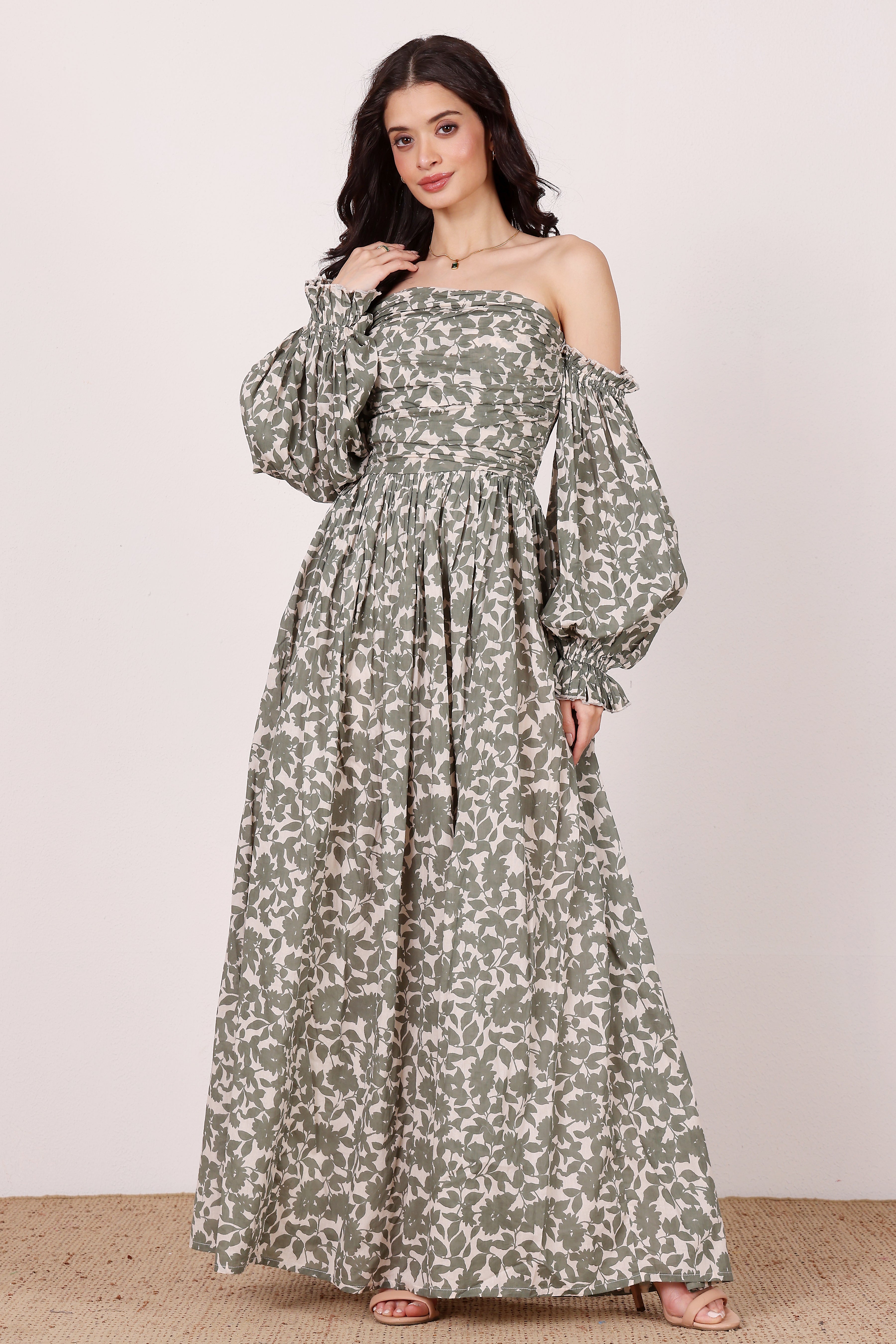 Cotton off-shoulder green leaf print maxi dress rouched bodice