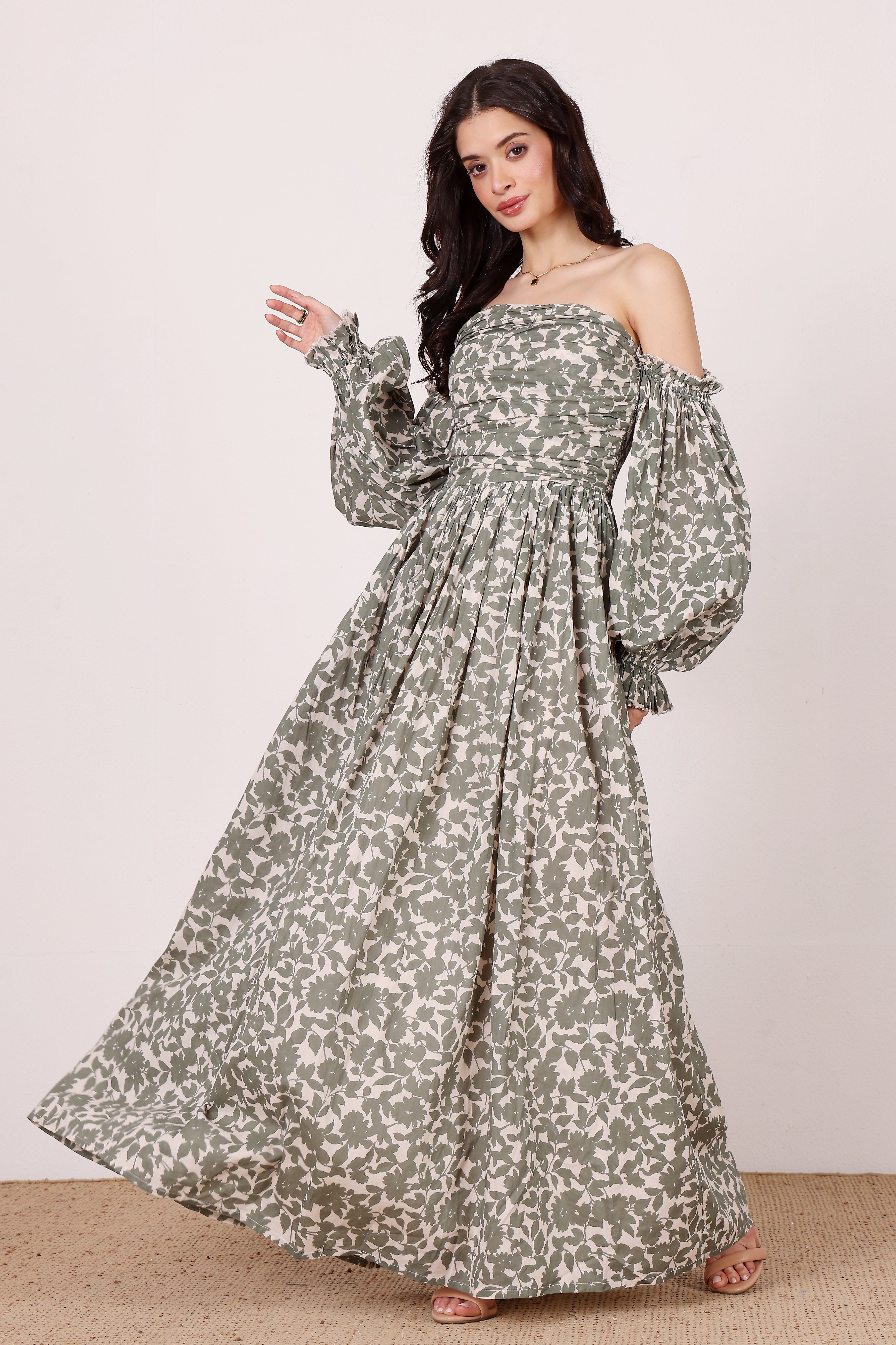 Lana Cotton Maxi Dress in Green Leaf Print