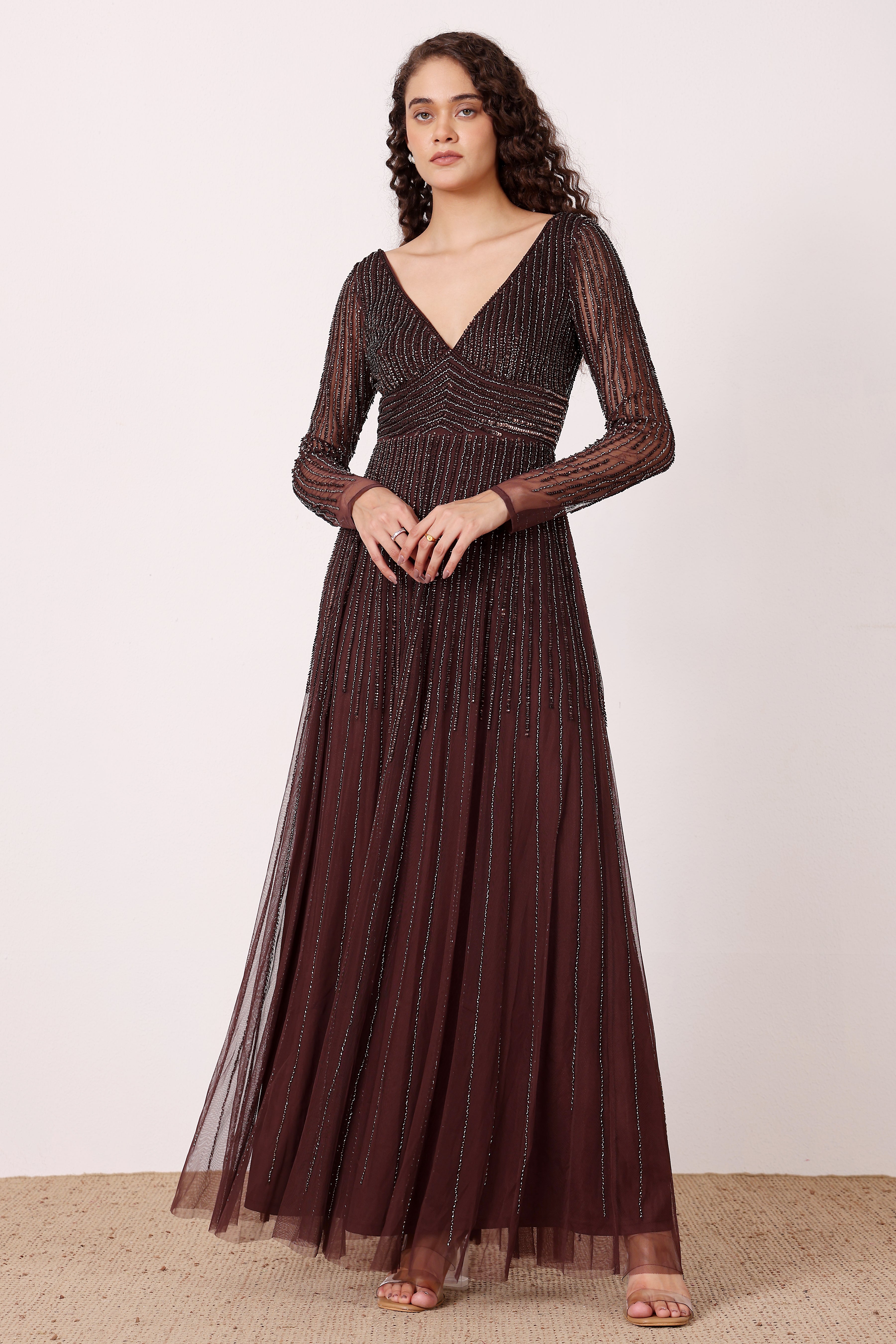 Laura Embellished Maxi Dress in Coffee Brown Lace & Beads Laura Embellished Maxi Dress in Coffee Brown Lace & Beads