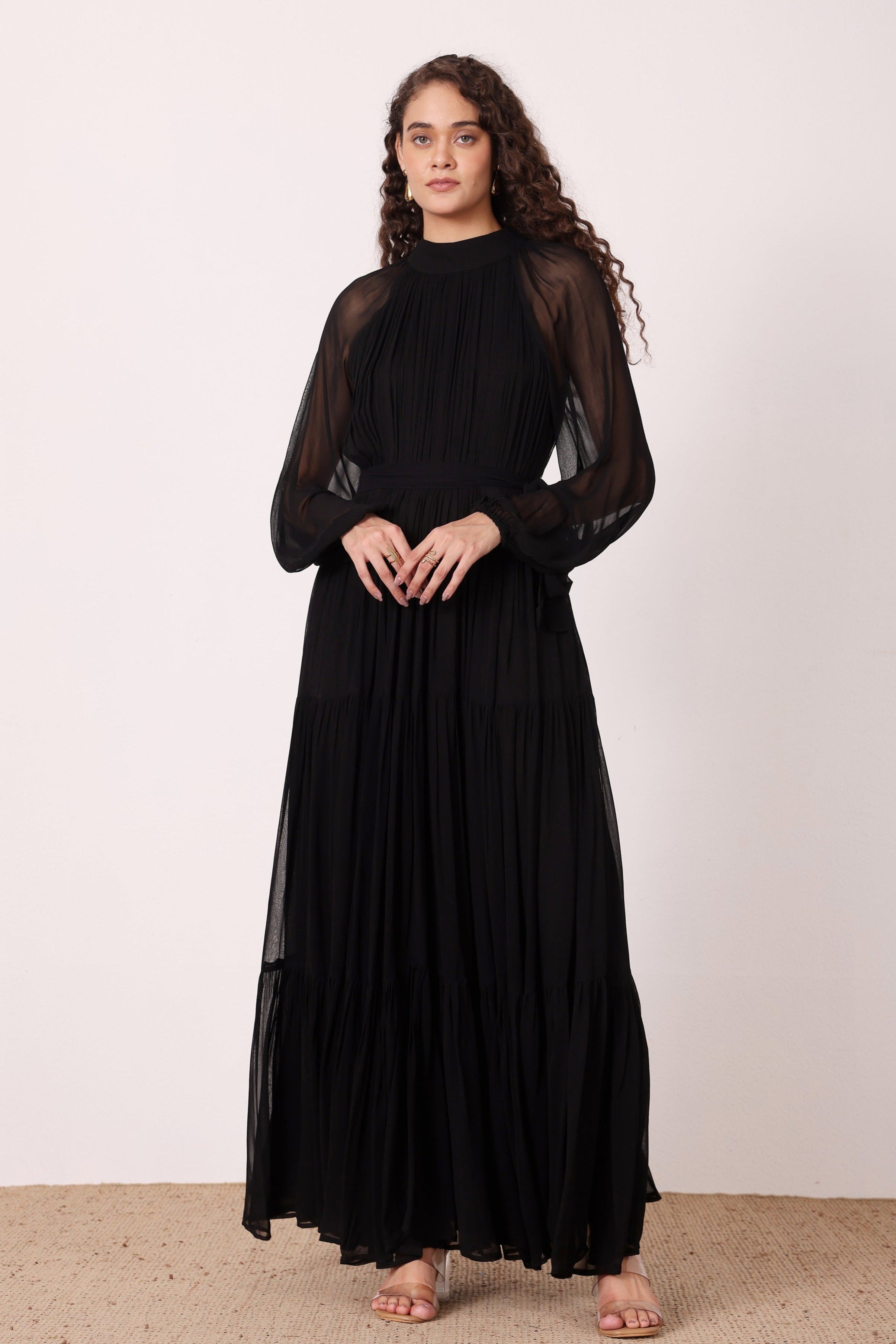 long black modest dress Modest Black Long A-line V-neck Black Prom Dresses Chic Party Dresses main image 1