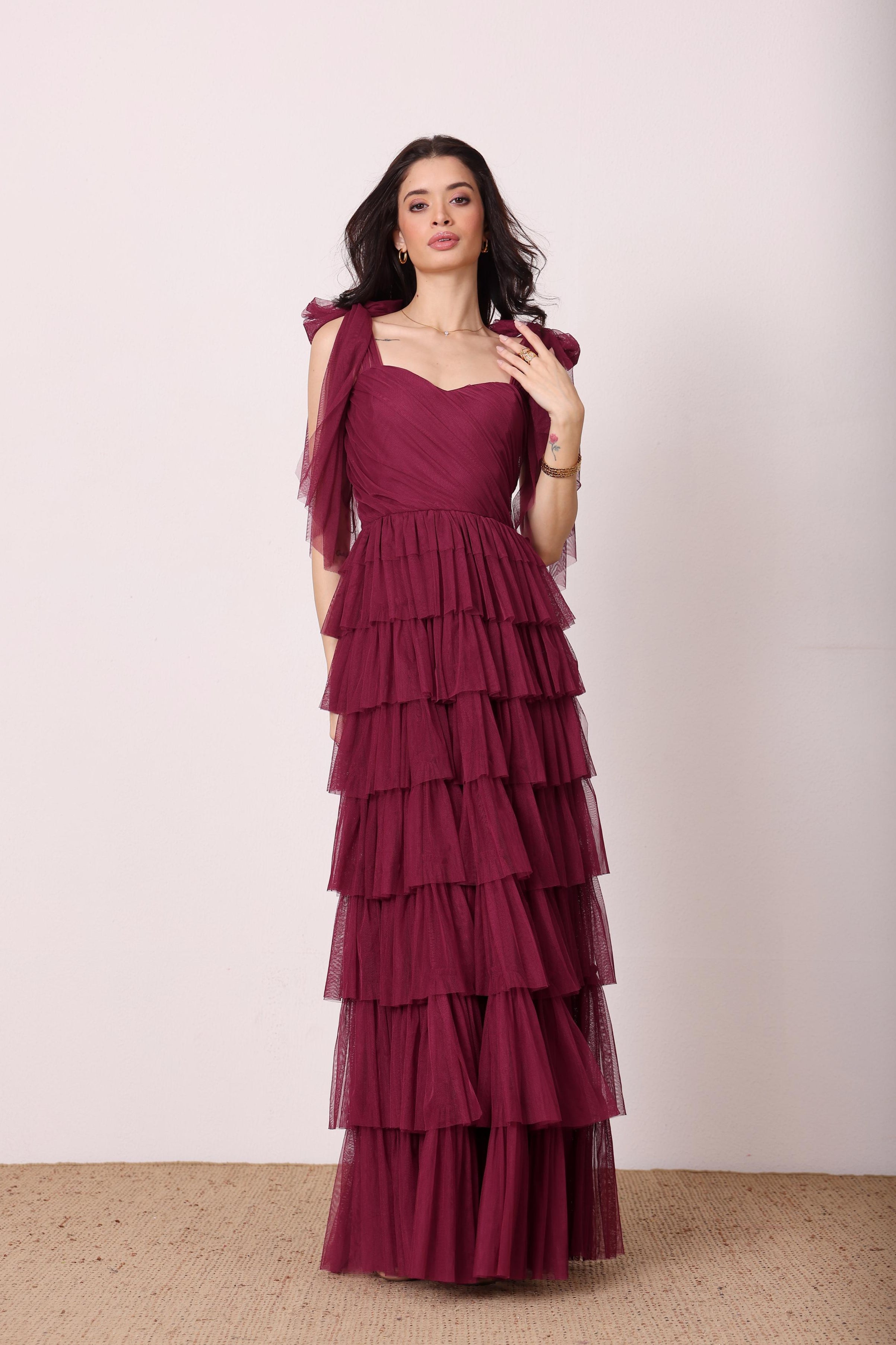 Ophelia tiered maxi dress fig purple bow shoulder sweetheart neckline tulle mesh formal wedding bridesmaid