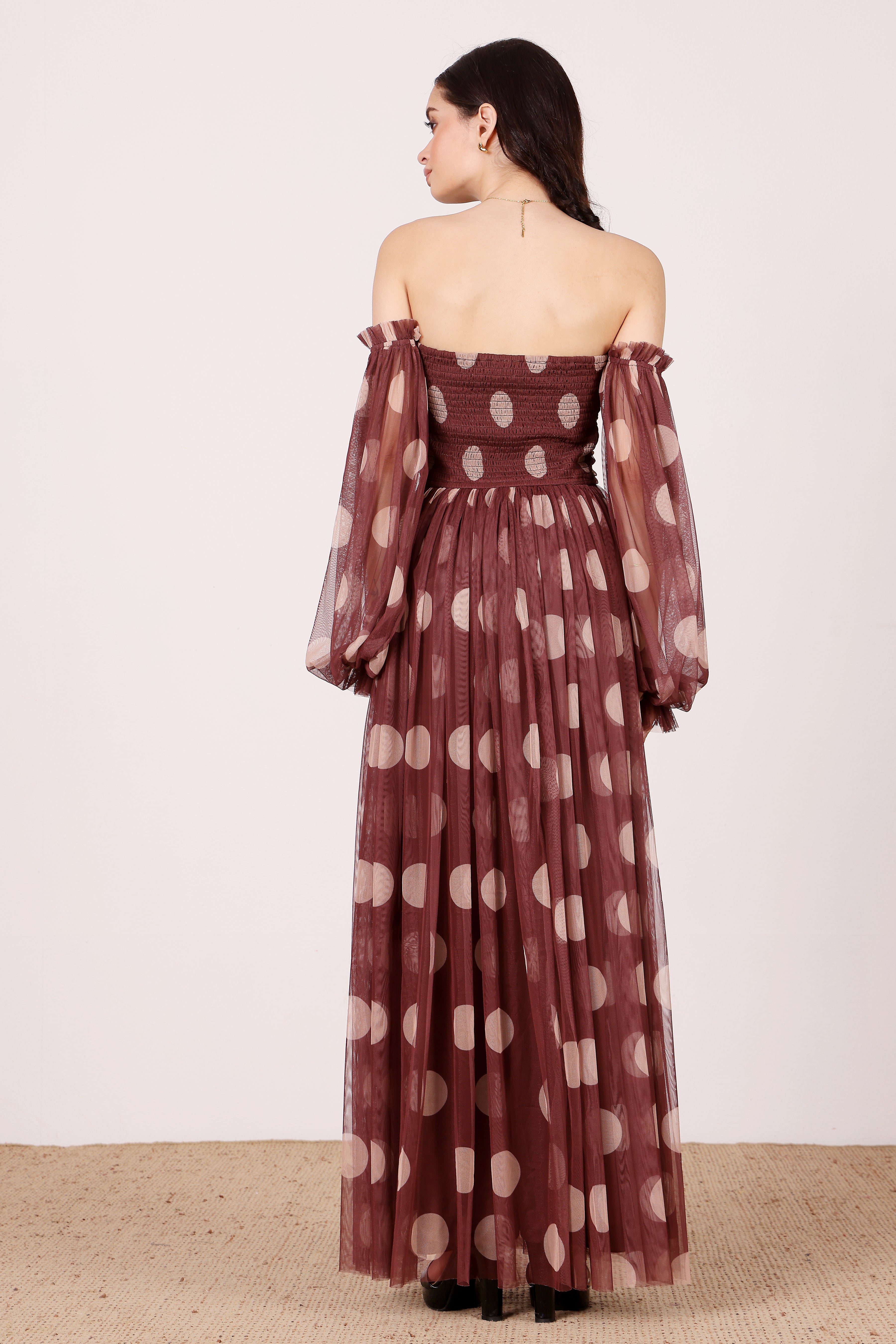Lana Maxi Dress in Mahogany Brown and Beige Polka Dot