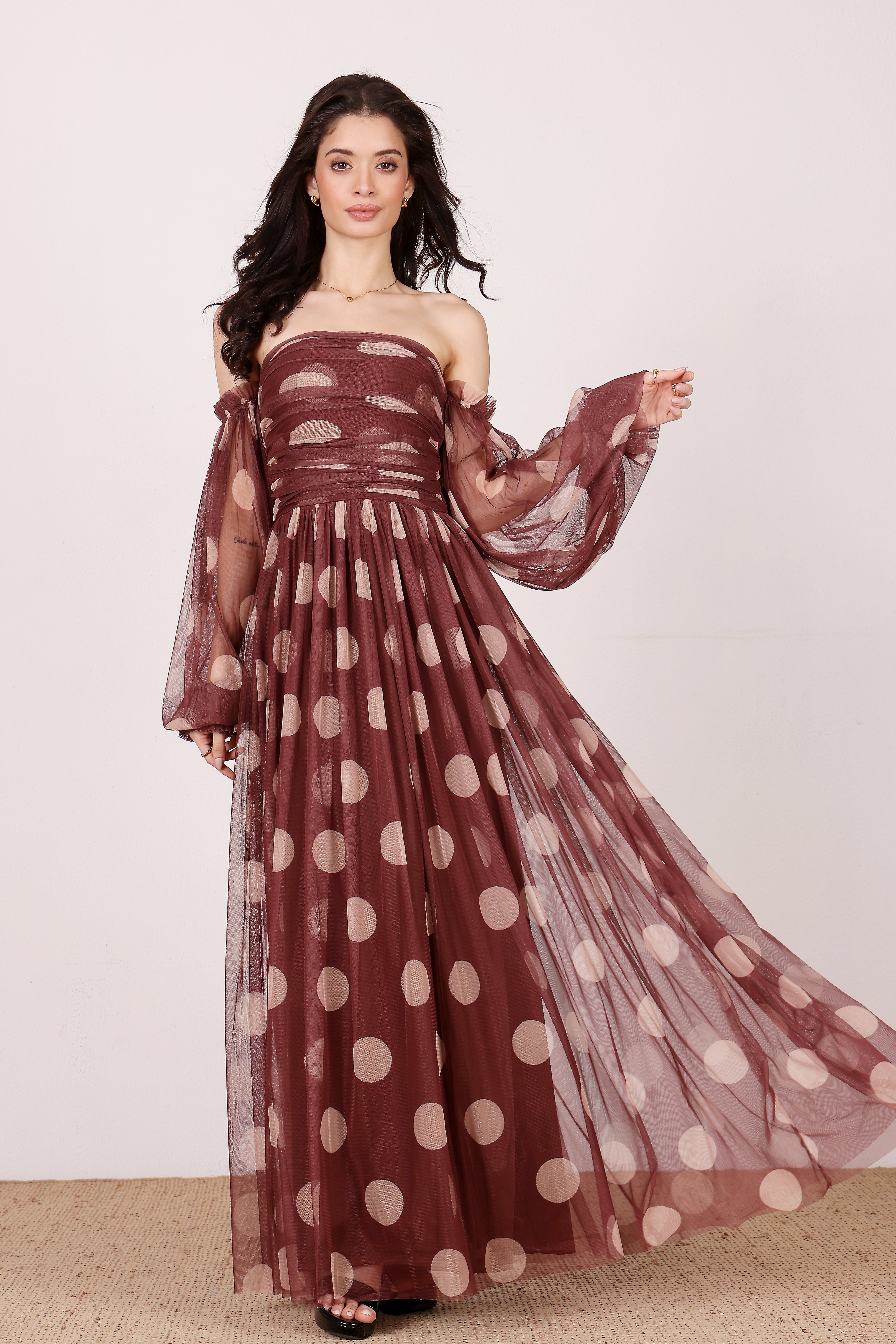 Lana Maxi Dress in Mahogany Brown and Beige Polka Dot