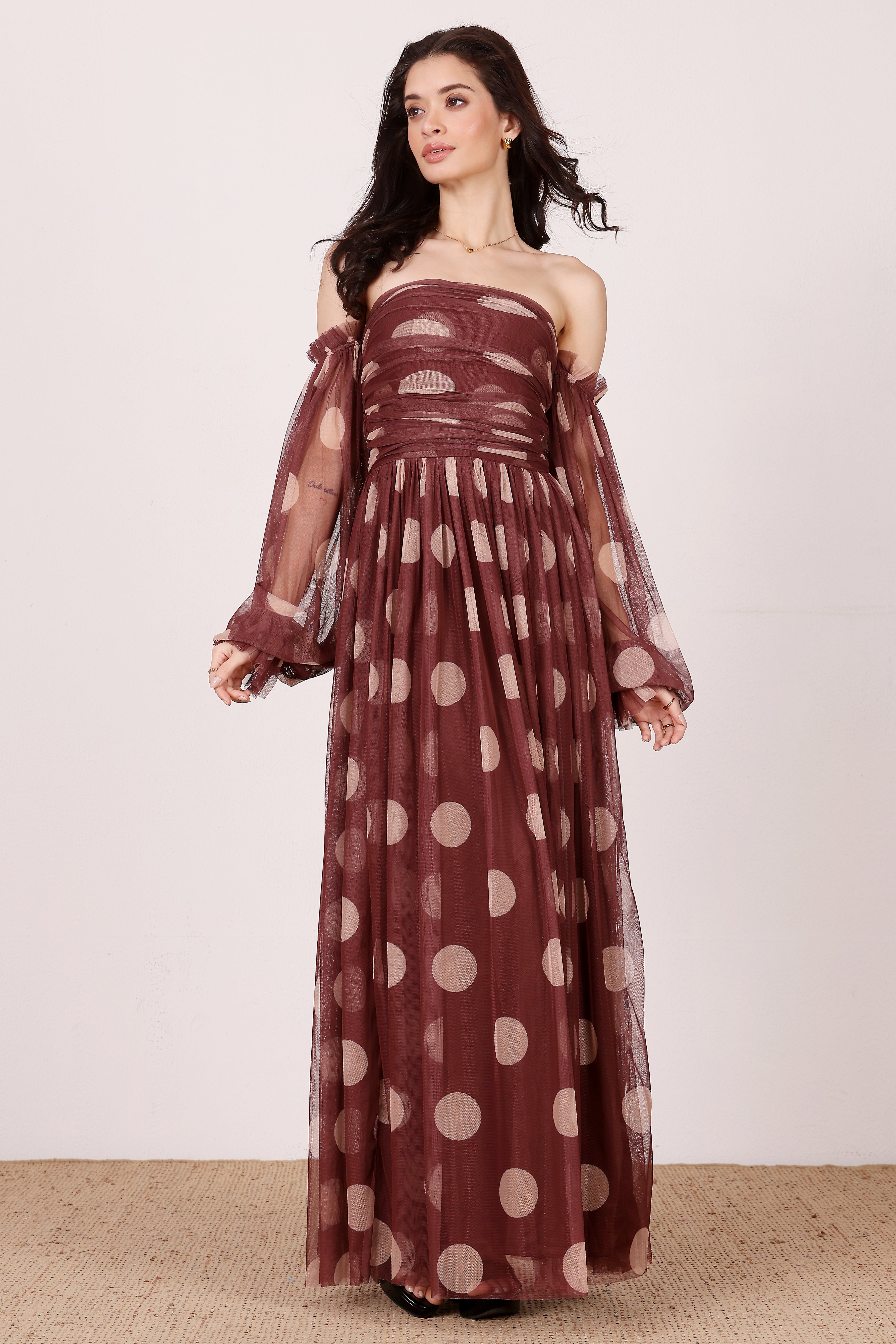 Lana Maxi Dress in Mahogany Brown and Beige Polka Dot